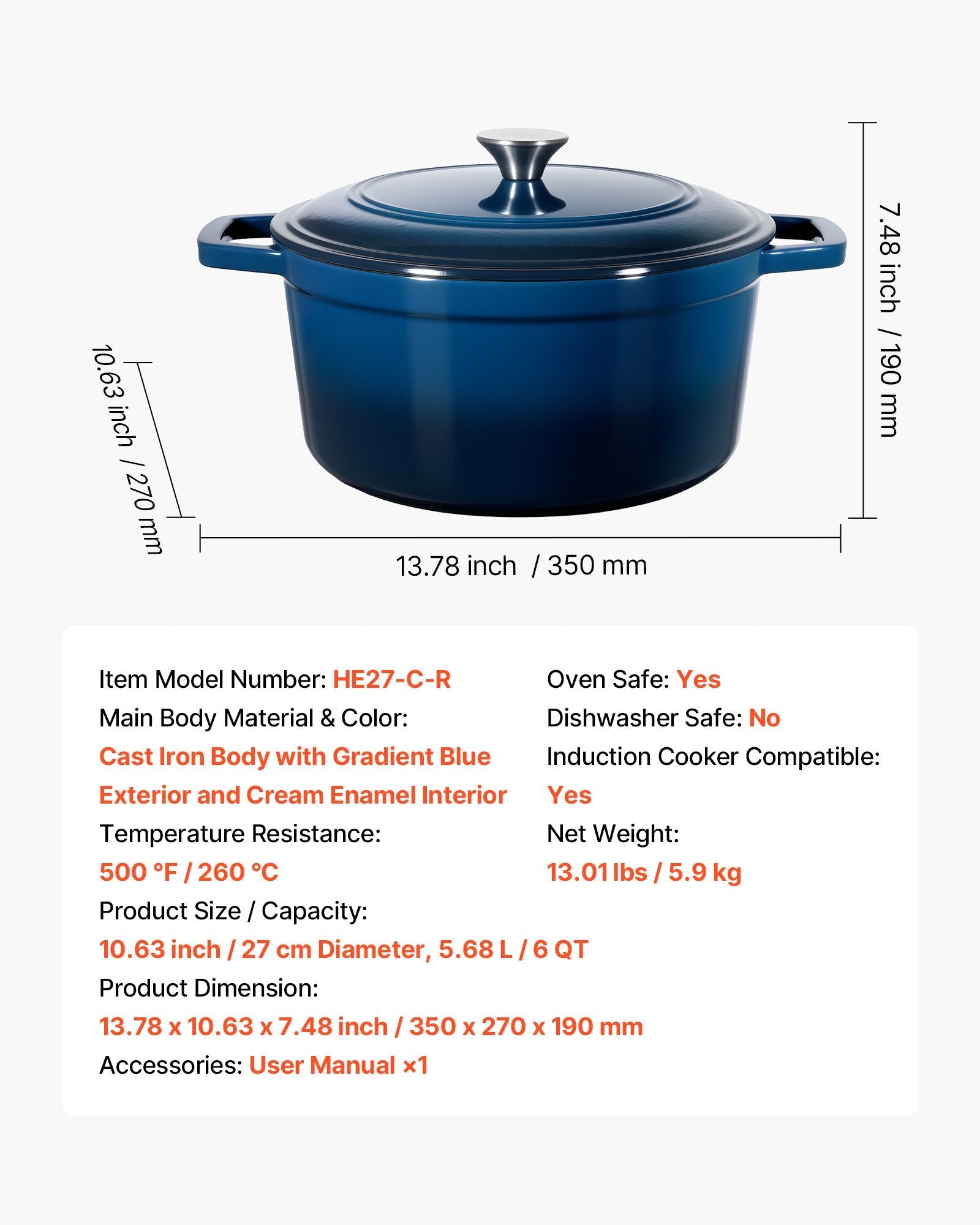 Enameled Cast Iron Dutch Oven, 5.7L Pot with Lid and Dual Handles, Heavy - Duty Durable Cookware Pan, Oven Induction Compatible up to 260 ℃, for Braising, Stews, Roasting, Bread Baking, Blue - Outdoor Recreation > Camping > Tents - Rivercity House & Home Co. (ABN 18 642 972 209) - Affordable Modern Furniture Australia