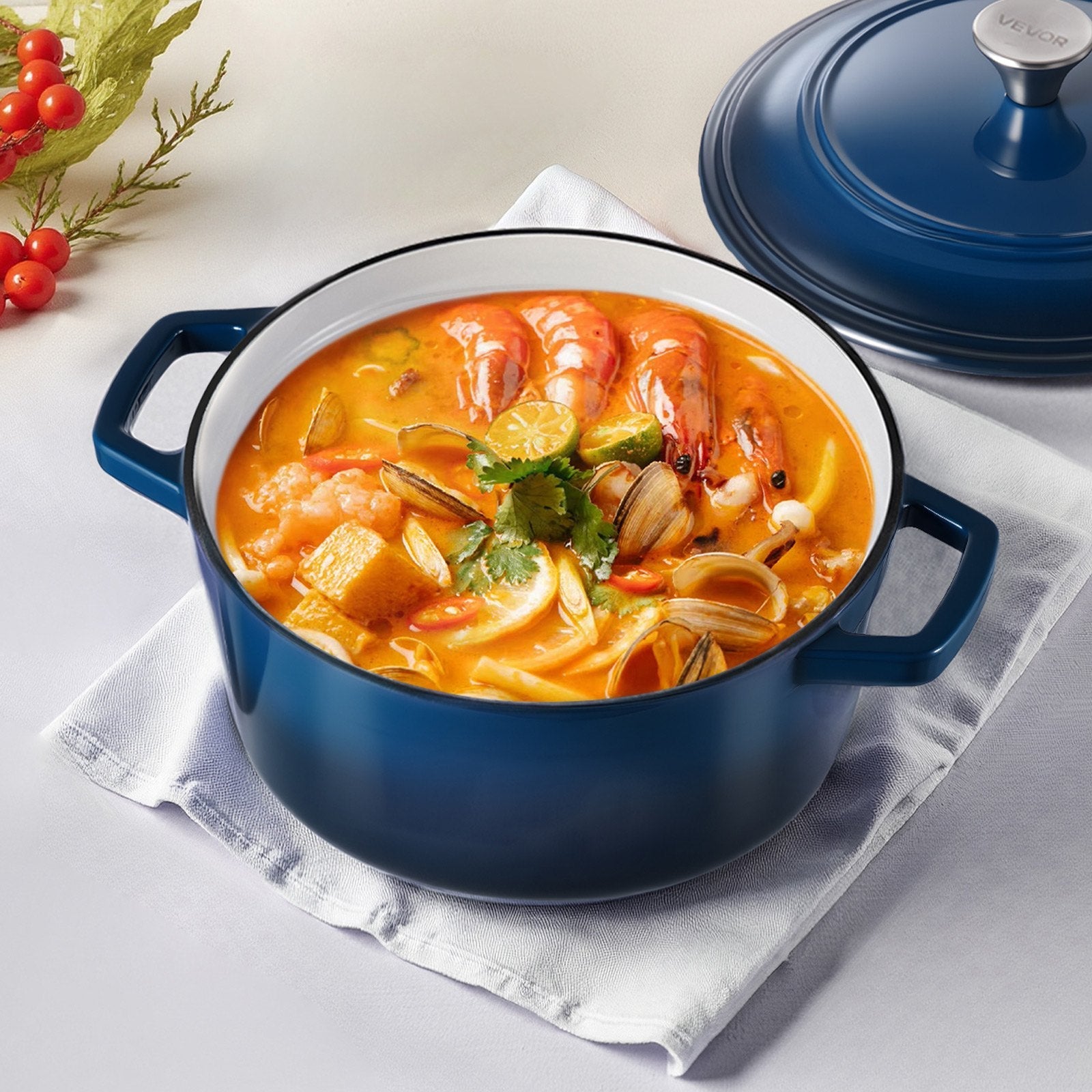 Enameled Cast Iron Dutch Oven, 5.7L Pot with Lid and Dual Handles, Heavy - Duty Durable Cookware Pan, Oven Induction Compatible up to 260 ℃, for Braising, Stews, Roasting, Bread Baking, Blue - Outdoor Recreation > Camping > Tents - Rivercity House & Home Co. (ABN 18 642 972 209) - Affordable Modern Furniture Australia