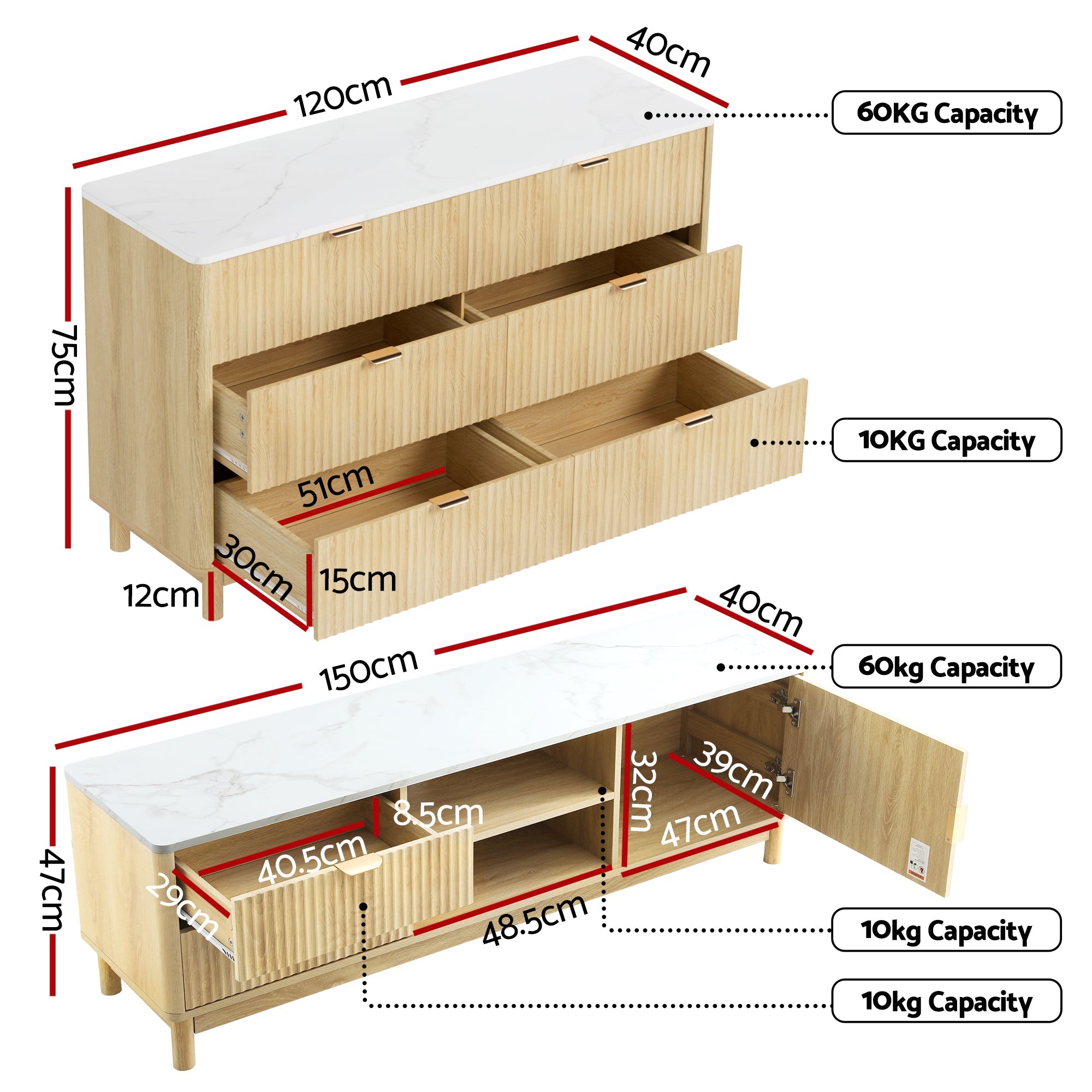 Entertainment Unit & Chest of Drawers Set with Solid Wood Legs - Pine - Furniture > Living Room > TV Units - Rivercity House & Home Co. (ABN 18 642 972 209) - Affordable Modern Furniture Australia