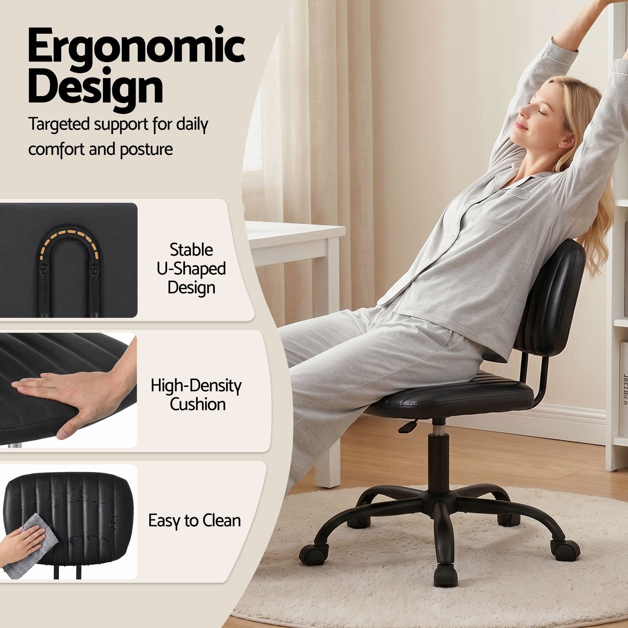 Ergonomic Armless Office Desk Chair with Wheels, Height Adjustable 360° Swivel Task Chair for Home Office & Study - Black - Furniture > Office > Office & Desk Chairs - Rivercity House & Home Co. (ABN 18 642 972 209) - Affordable Modern Furniture Australia