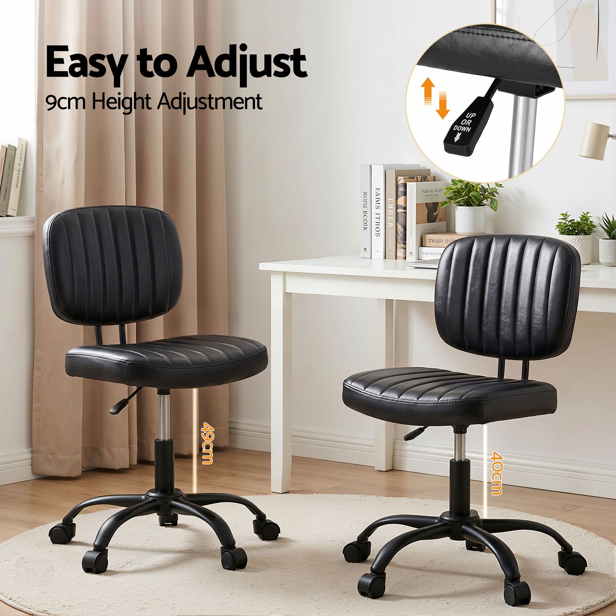Ergonomic Armless Office Desk Chair with Wheels, Height Adjustable 360° Swivel Task Chair for Home Office & Study - Black - Furniture > Office > Office & Desk Chairs - Rivercity House & Home Co. (ABN 18 642 972 209) - Affordable Modern Furniture Australia