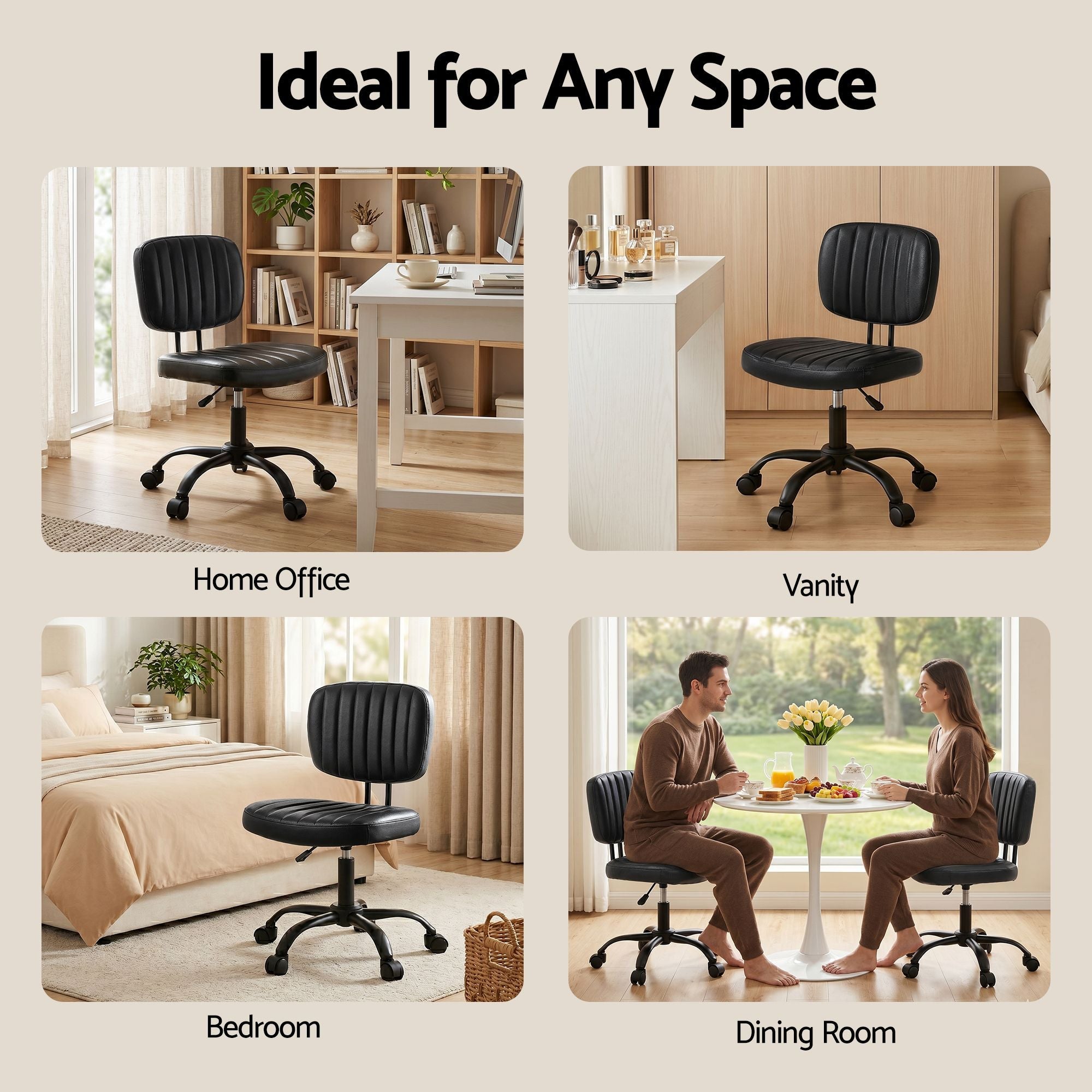 Ergonomic Armless Office Desk Chair with Wheels, Height Adjustable 360° Swivel Task Chair for Home Office & Study - Black - Furniture > Office > Office & Desk Chairs - Rivercity House & Home Co. (ABN 18 642 972 209) - Affordable Modern Furniture Australia