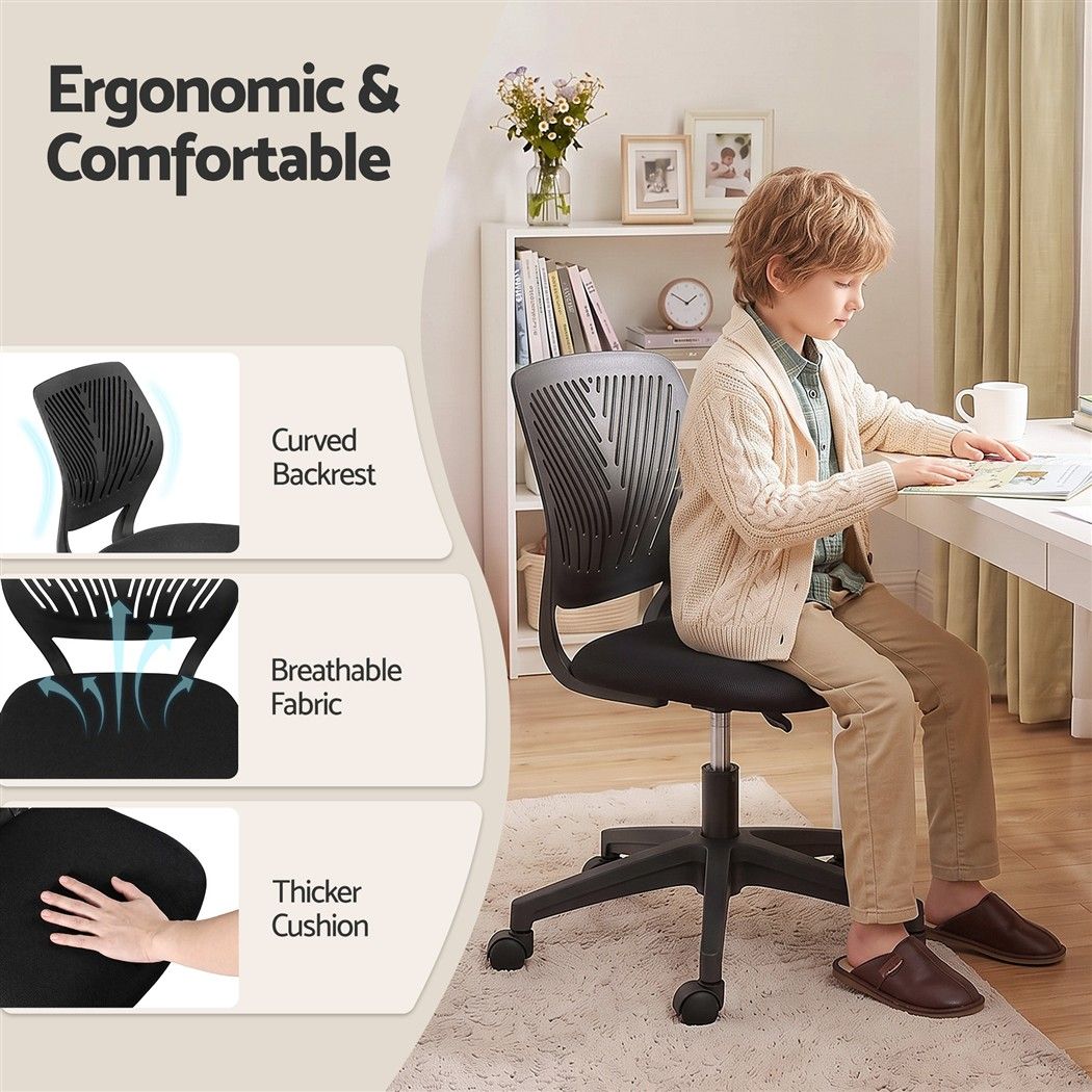 Ergonomic Armless Office Study Chair Height Adjustable for Teens - Black - Furniture > Office > Office & Desk Chairs - Rivercity House & Home Co. (ABN 18 642 972 209) - Affordable Modern Furniture Australia