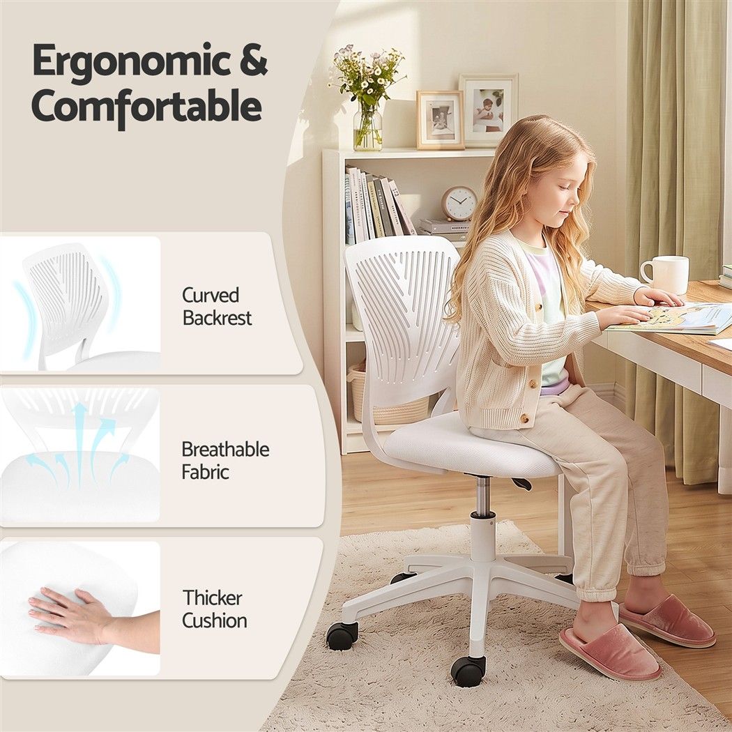 Ergonomic Armless Office Study Chair Height Adjustable for Teens - White - Furniture > Office > Office & Desk Chairs - Rivercity House & Home Co. (ABN 18 642 972 209) - Affordable Modern Furniture Australia