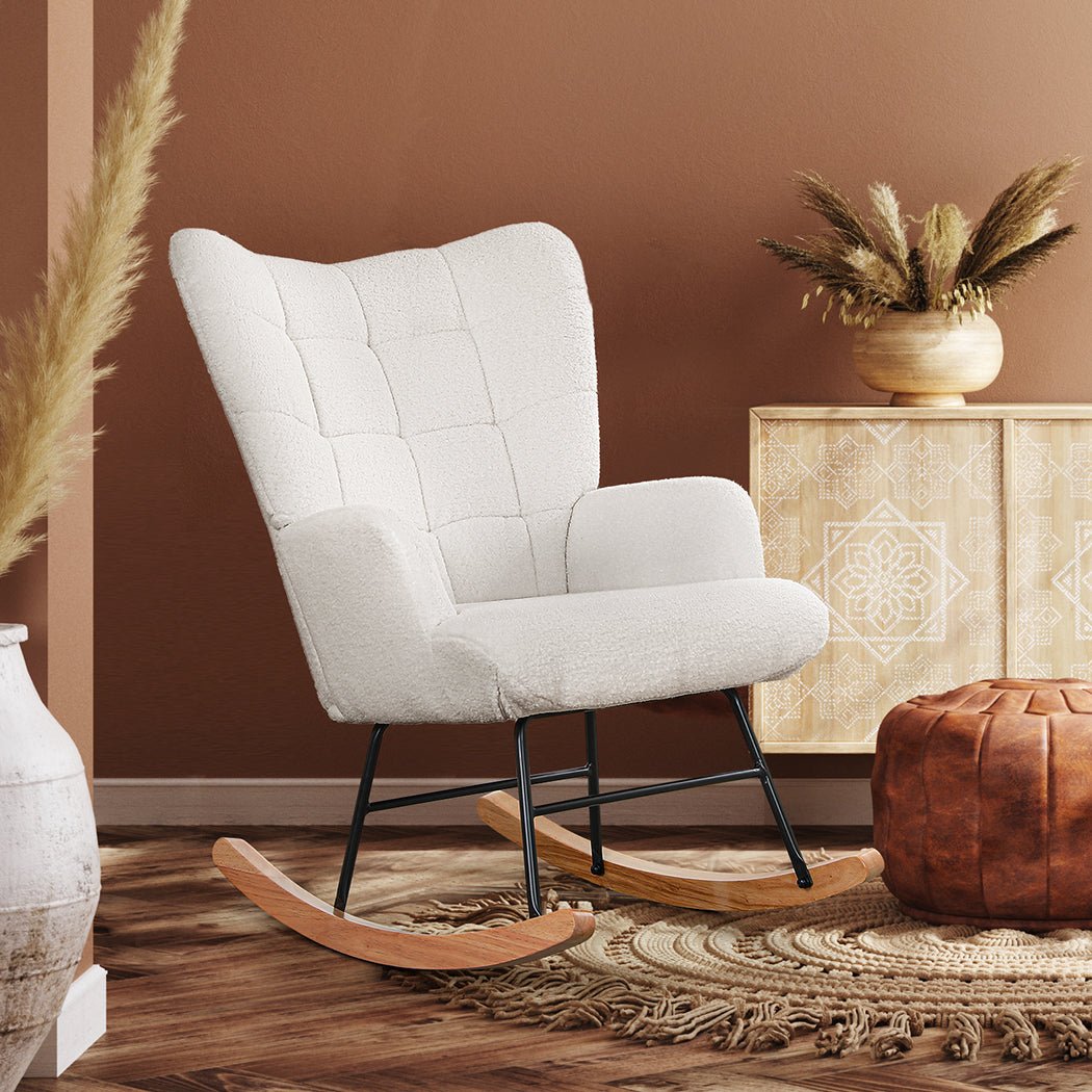 Ergonomic Fleece Rocking Chair with Solid Wood Rockers - Beige - Rivercity House & Home Co. (ABN 18 642 972 209) - Affordable Modern Furniture Australia