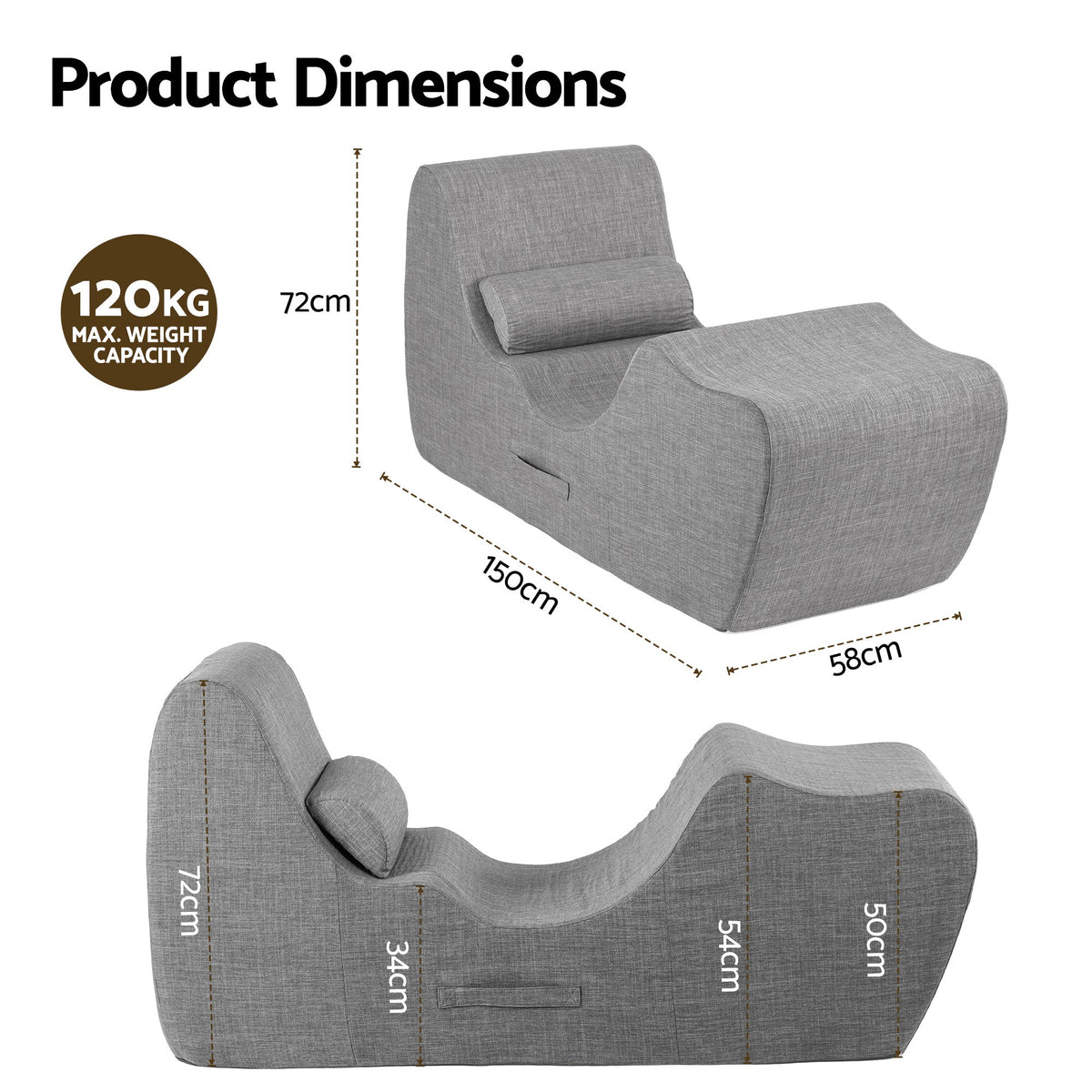 Ergonomic S-Curve Chaise Lounge Floor Lounger with Adjustable Headrest and Lumbar Support - Grey - Furniture > Bar Stools & Chairs > Arm Chairs & Recliners - Rivercity House & Home Co. (ABN 18 642 972 209) - Affordable Modern Furniture Australia