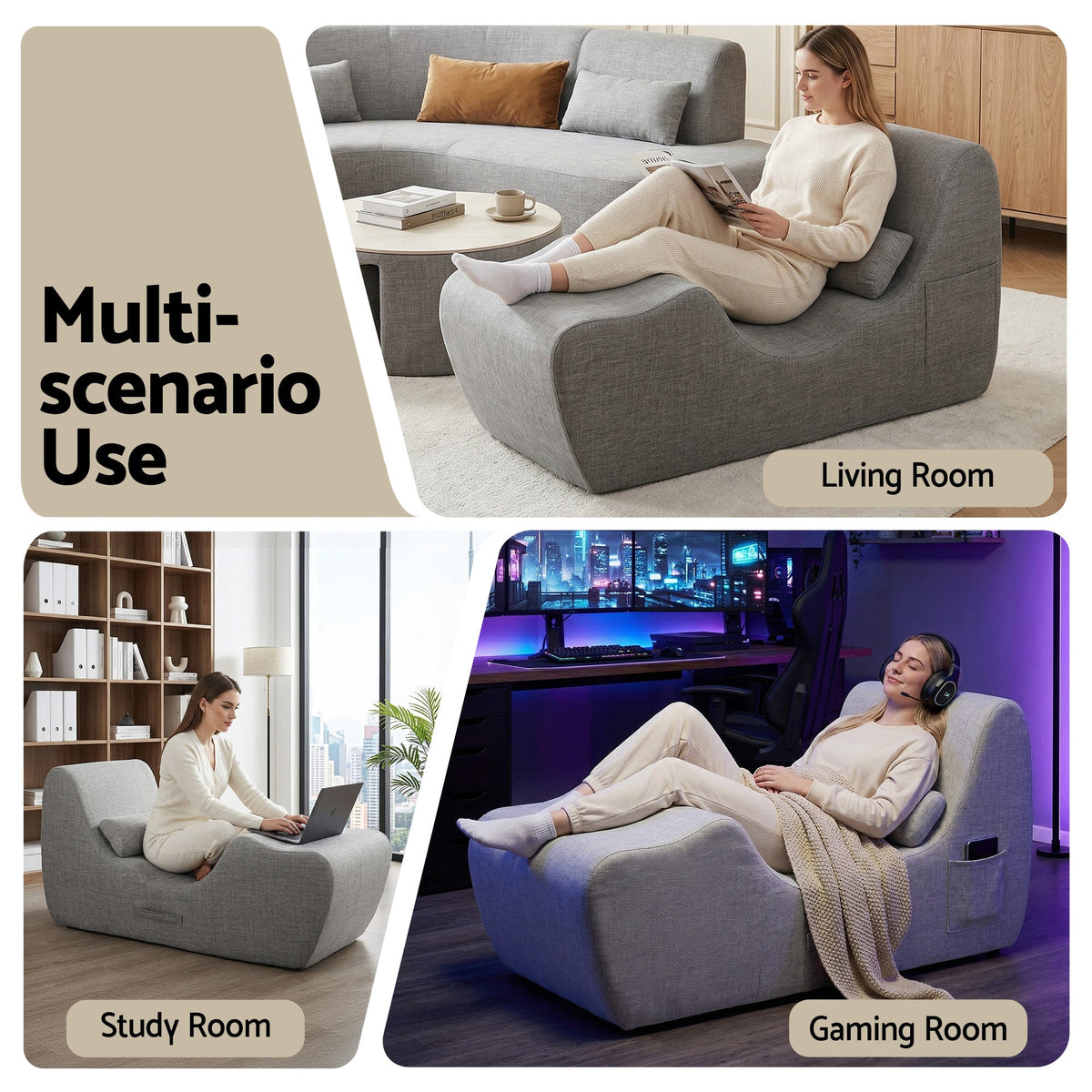 Ergonomic S-Curve Chaise Lounge Floor Lounger with Adjustable Headrest and Lumbar Support - Grey - Furniture > Bar Stools & Chairs > Arm Chairs & Recliners - Rivercity House & Home Co. (ABN 18 642 972 209) - Affordable Modern Furniture Australia