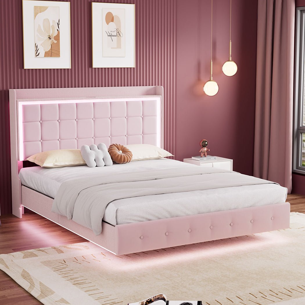 Evangeline Double Floating LED Bed – Pink - Rivercity House & Home Co. (ABN 18 642 972 209) - Affordable Modern Furniture Australia