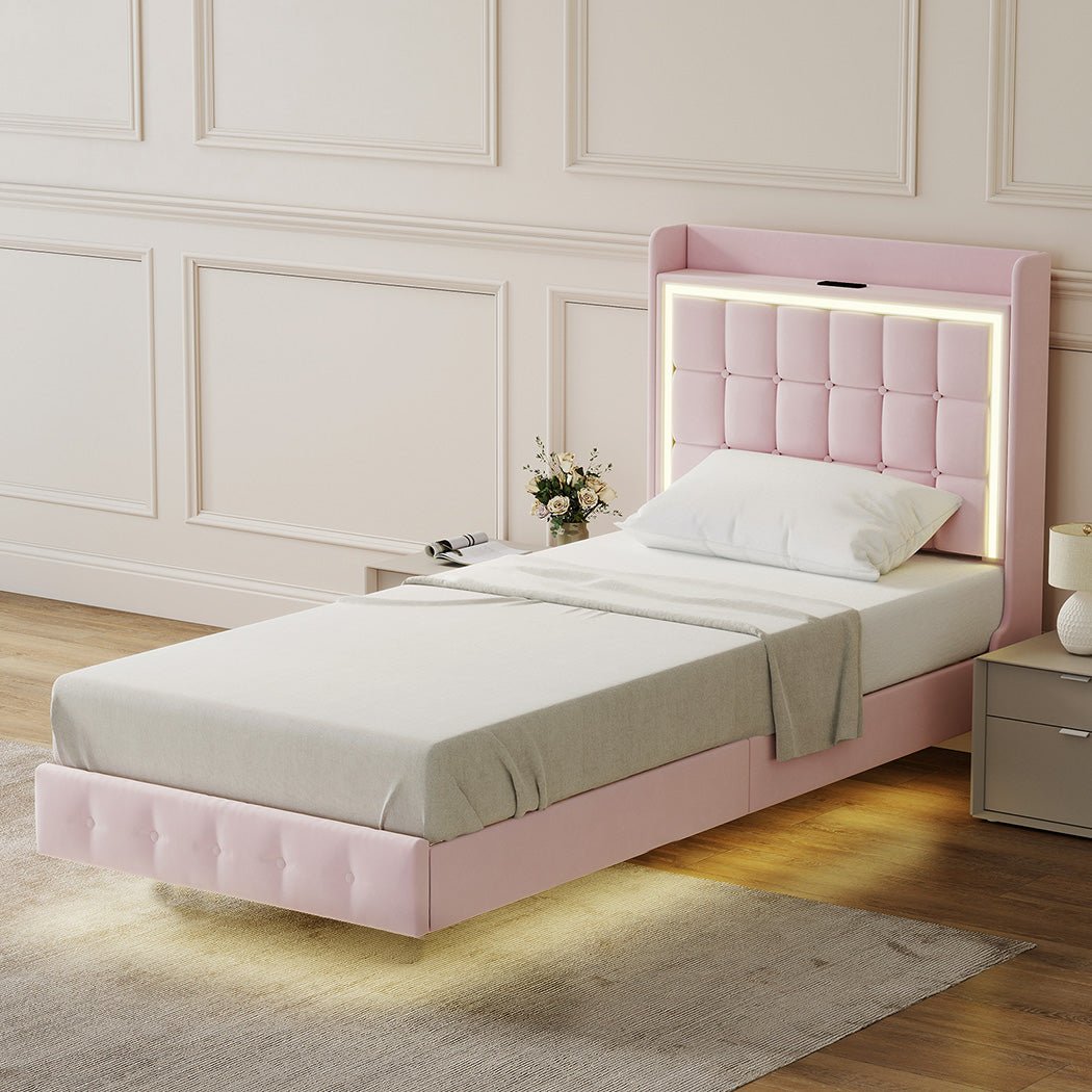 Evangeline Single Floating LED Bed – Pink - Rivercity House & Home Co. (ABN 18 642 972 209) - Affordable Modern Furniture Australia
