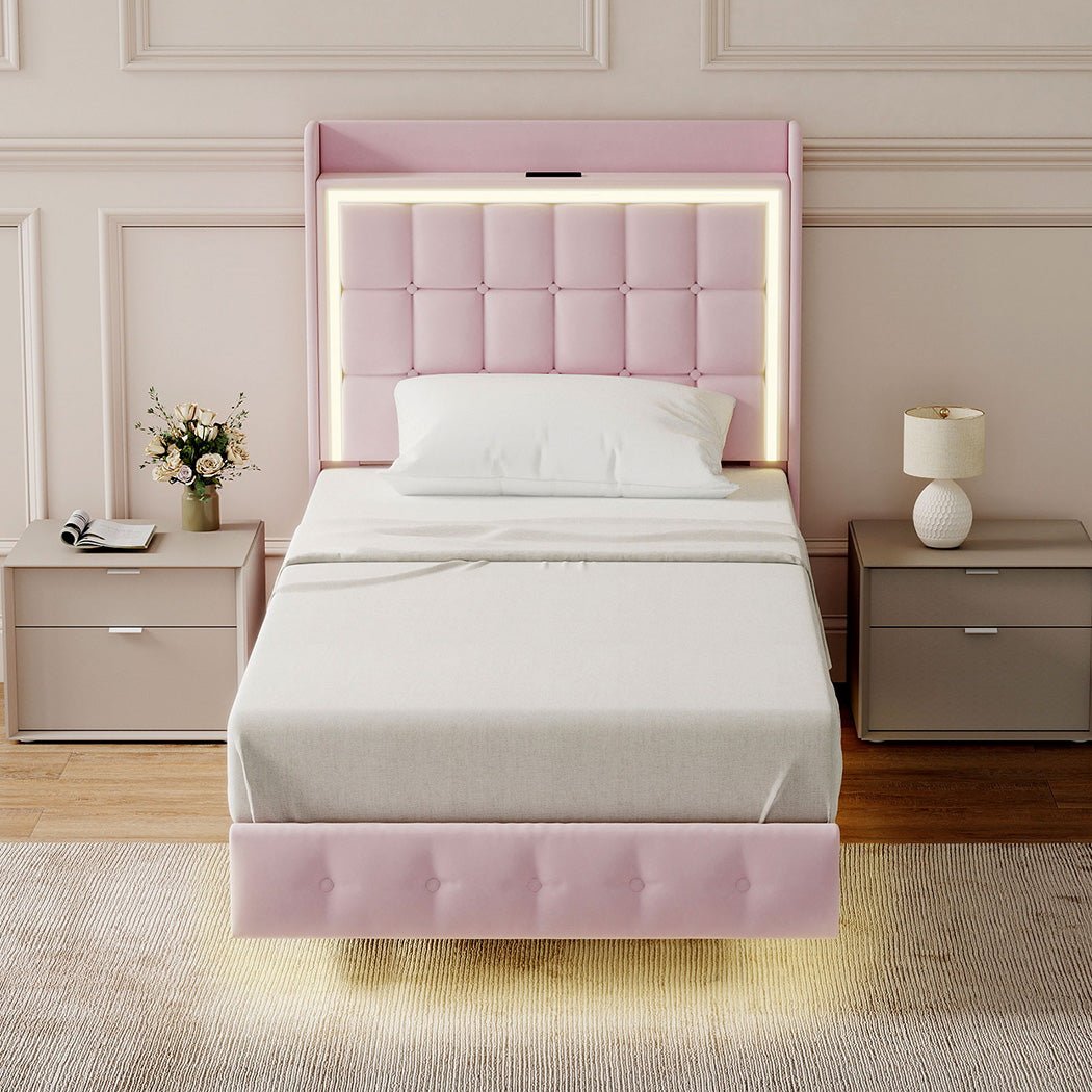 Evangeline Single Floating LED Bed – Pink - Rivercity House & Home Co. (ABN 18 642 972 209) - Affordable Modern Furniture Australia