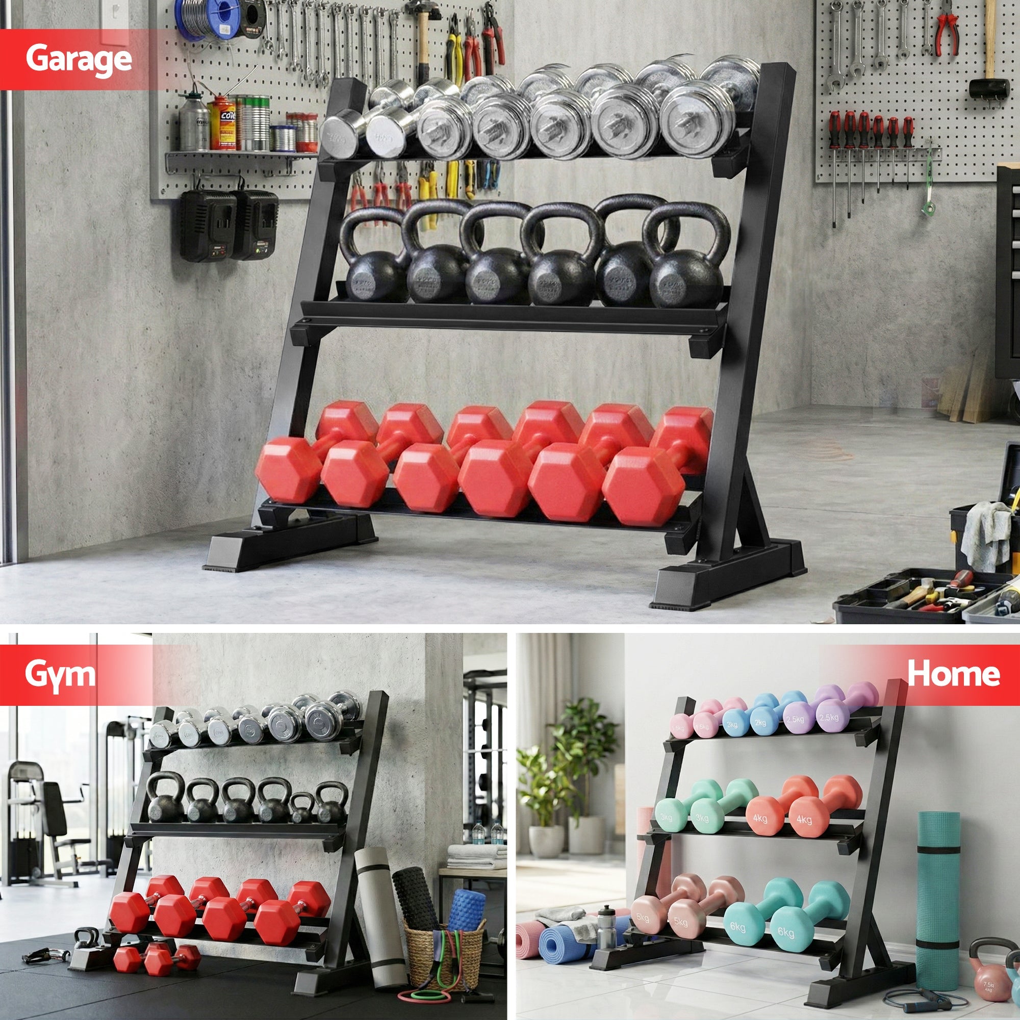 Everfit 3 - Tier Heavy Duty Dumbbell Rack 300kg Capacity - Black - Sports & Fitness > Exercise, Gym & Fitness > Gym Equipment & Accessories - Rivercity House & Home Co. (ABN 18 642 972 209) - Affordable Modern Furniture Australia
