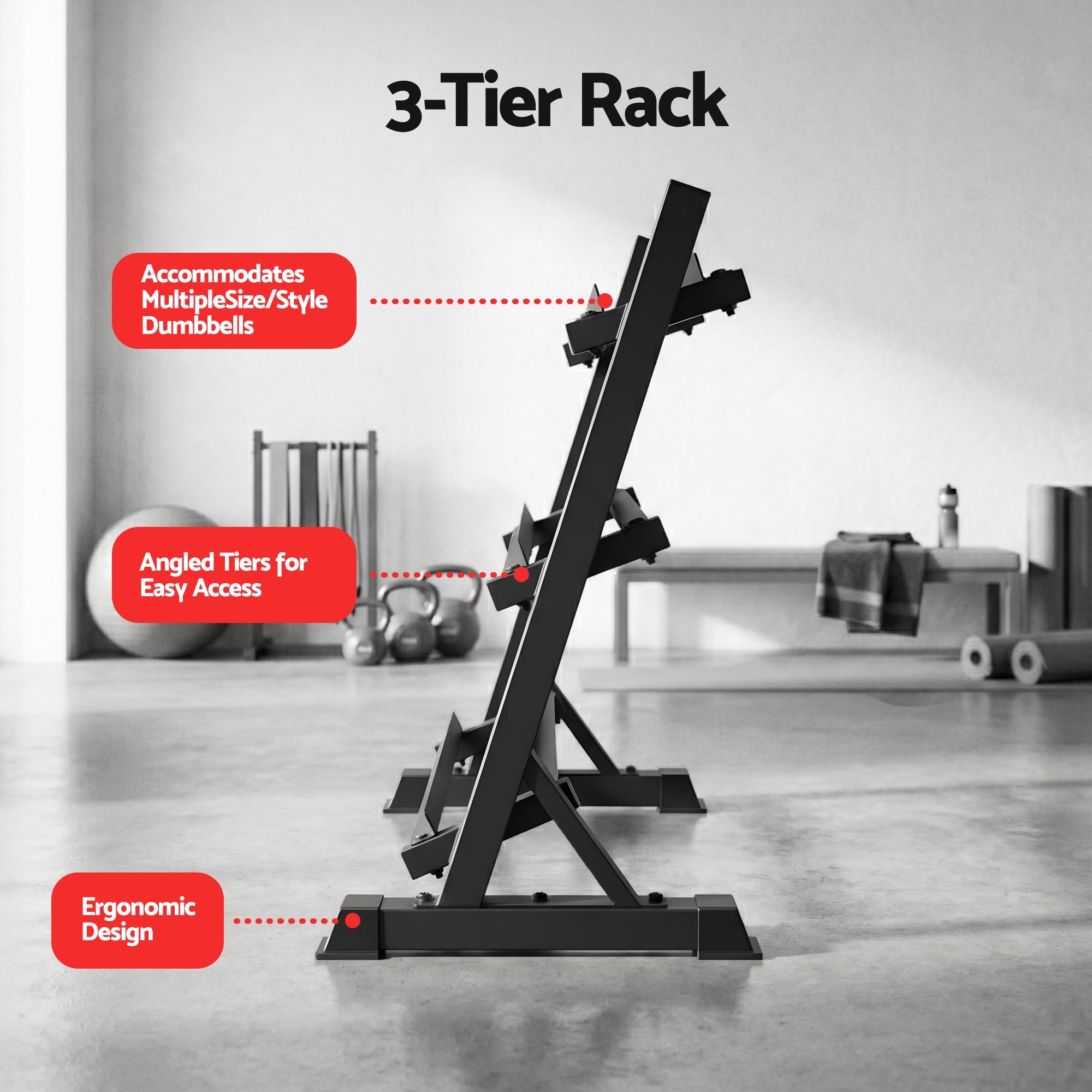 Everfit 3 - Tier Heavy Duty Dumbbell Rack 300kg Capacity - Black - Sports & Fitness > Exercise, Gym & Fitness > Gym Equipment & Accessories - Rivercity House & Home Co. (ABN 18 642 972 209) - Affordable Modern Furniture Australia