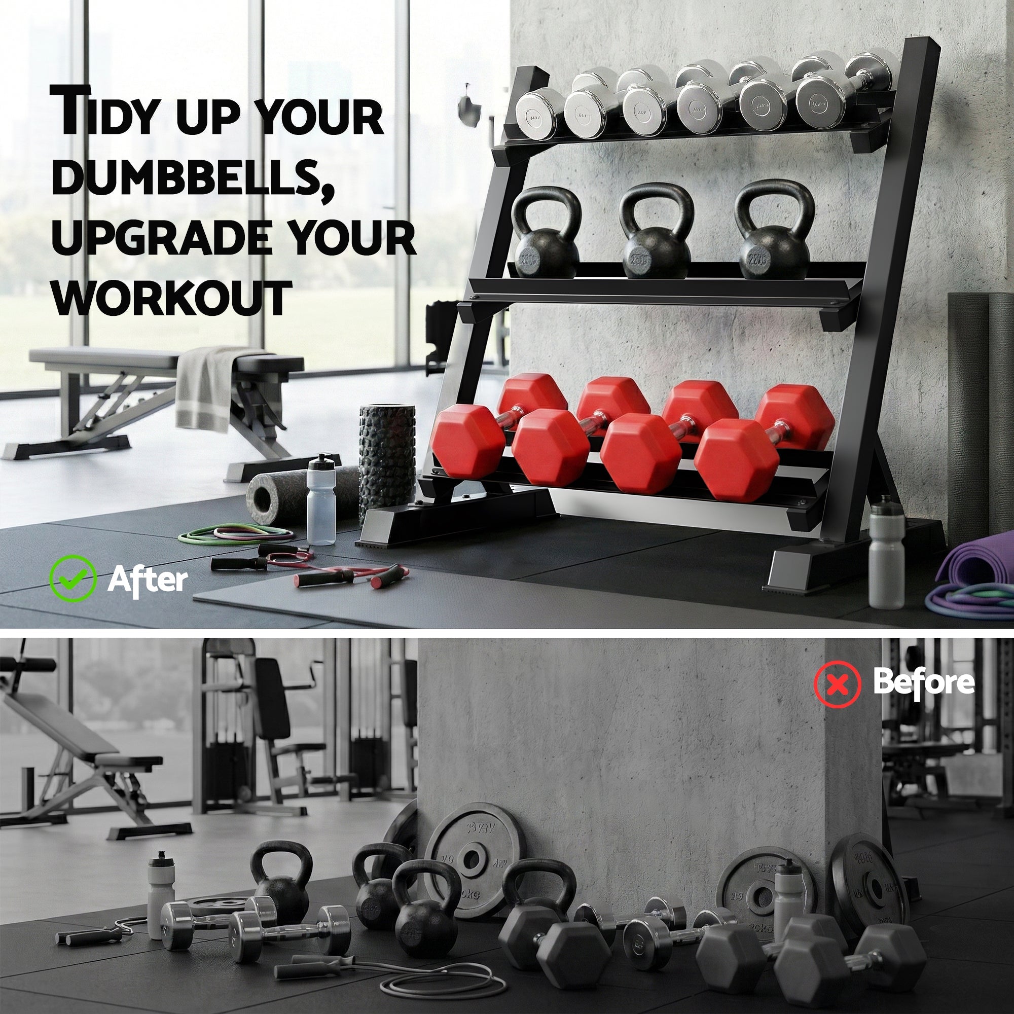 Everfit 3 - Tier Heavy Duty Dumbbell Rack 300kg Capacity - Black - Sports & Fitness > Exercise, Gym & Fitness > Gym Equipment & Accessories - Rivercity House & Home Co. (ABN 18 642 972 209) - Affordable Modern Furniture Australia