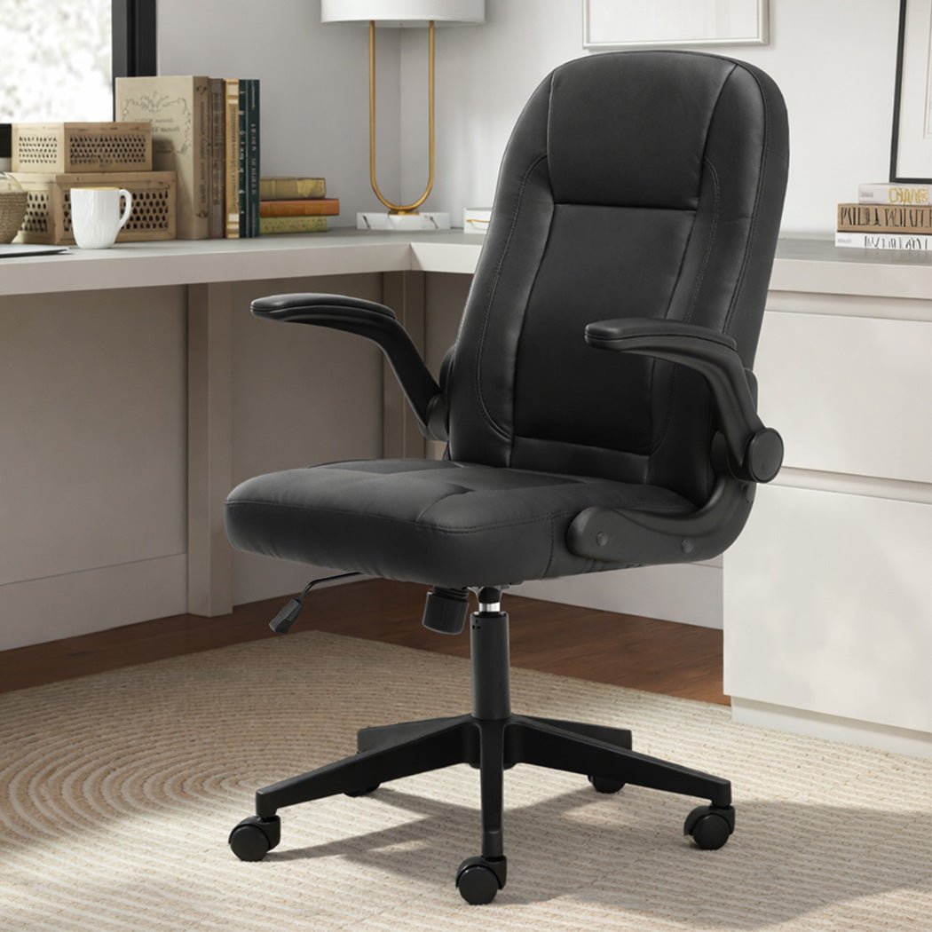 Executive PU Leather Office Chair with Adjustable Height and Flip - Up Armrests - Black - Rivercity House & Home Co. (ABN 18 642 972 209) - Affordable Modern Furniture Australia