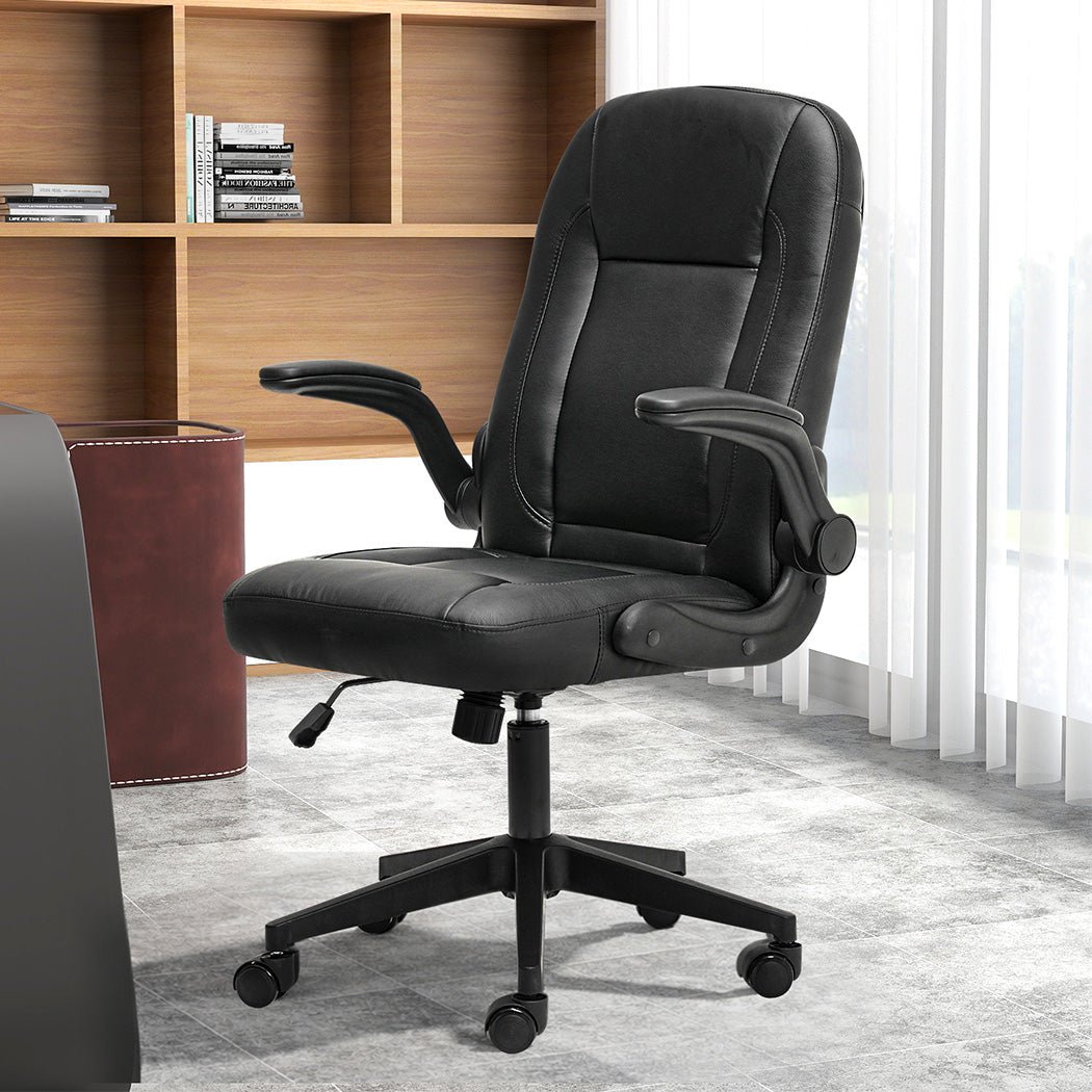 Executive PU Leather Office Chair with Adjustable Height and Flip - Up Armrests - Black - Rivercity House & Home Co. (ABN 18 642 972 209) - Affordable Modern Furniture Australia
