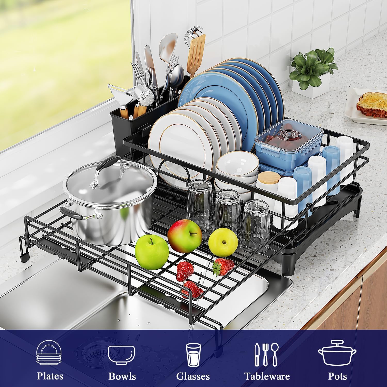 Expandable 1 - Tier Dish Drying Rack with Drainage Spout, Utensil Holder & Drainboard for Kitchen Countertop Organiser - Black - Home & Garden > Kitchenware > Dish Racks - Rivercity House & Home Co. (ABN 18 642 972 209) - Affordable Modern Furniture Australia