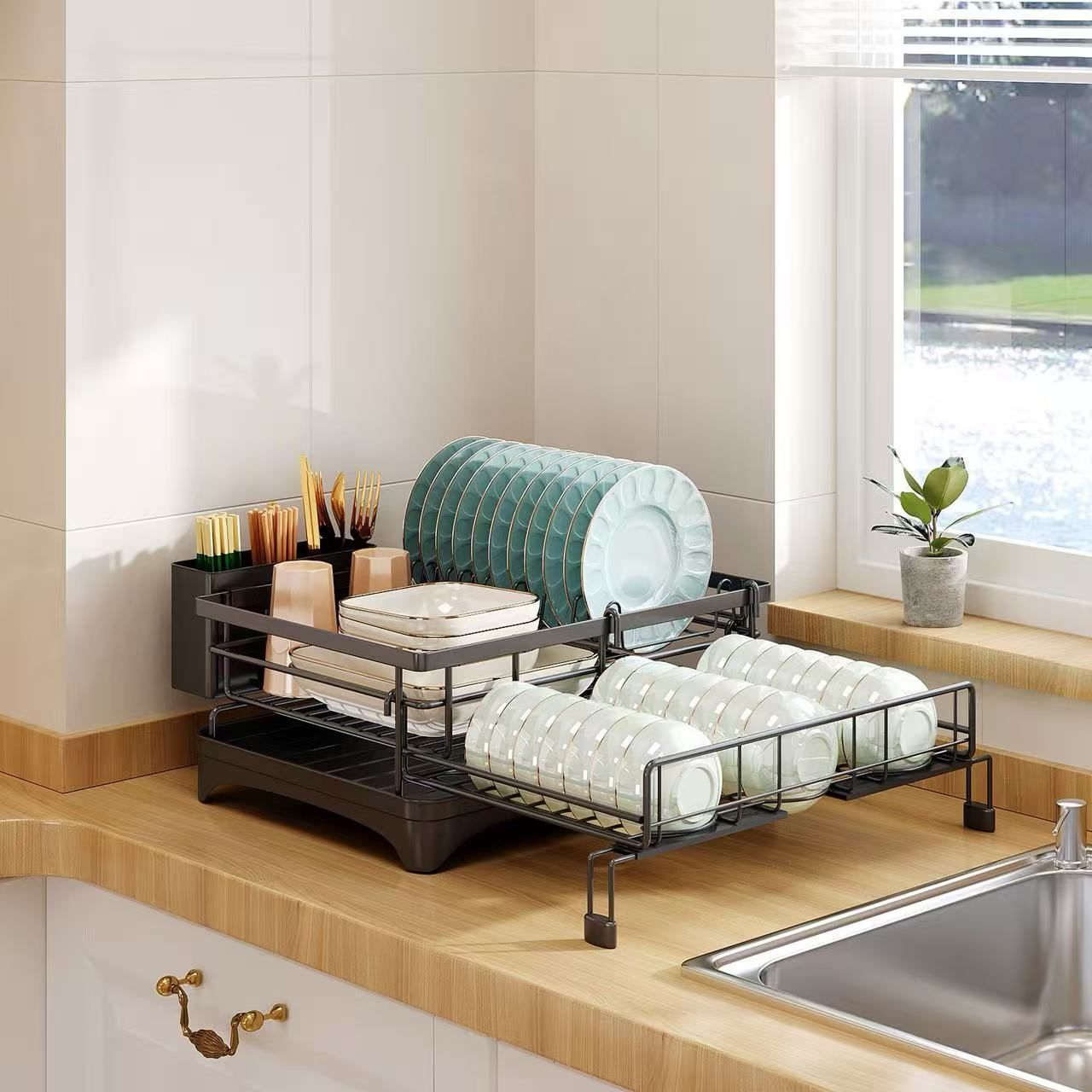 Expandable 1 - Tier Dish Drying Rack with Drainage Spout, Utensil Holder & Drainboard for Kitchen Countertop Organiser - Black - Home & Garden > Kitchenware > Dish Racks - Rivercity House & Home Co. (ABN 18 642 972 209) - Affordable Modern Furniture Australia