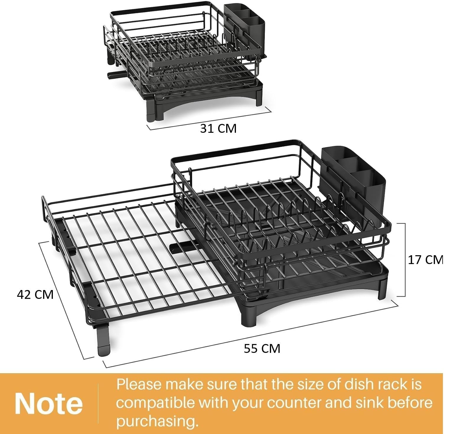 Expandable 1 - Tier Dish Drying Rack with Drainage Spout, Utensil Holder & Drainboard for Kitchen Countertop Organiser - Black - Home & Garden > Kitchenware > Dish Racks - Rivercity House & Home Co. (ABN 18 642 972 209) - Affordable Modern Furniture Australia