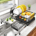 Expandable 1-Tier Dish Drying Rack with Drainage Spout, Utensil Holder & Drainboard for Kitchen Countertop Organiser - Black