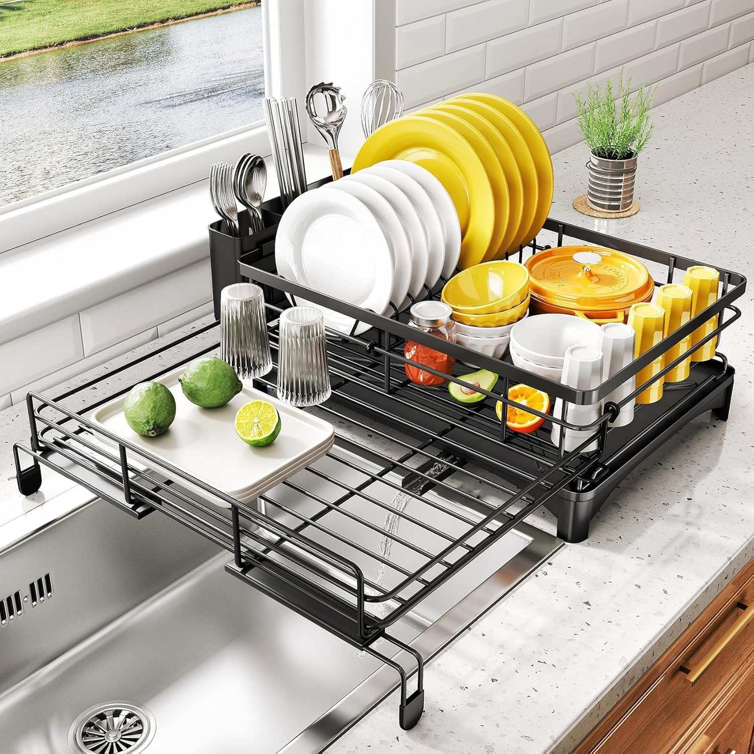 Expandable 1 - Tier Dish Drying Rack with Drainage Spout, Utensil Holder & Drainboard for Kitchen Countertop Organiser - Black - Home & Garden > Kitchenware > Dish Racks - Rivercity House & Home Co. (ABN 18 642 972 209) - Affordable Modern Furniture Australia