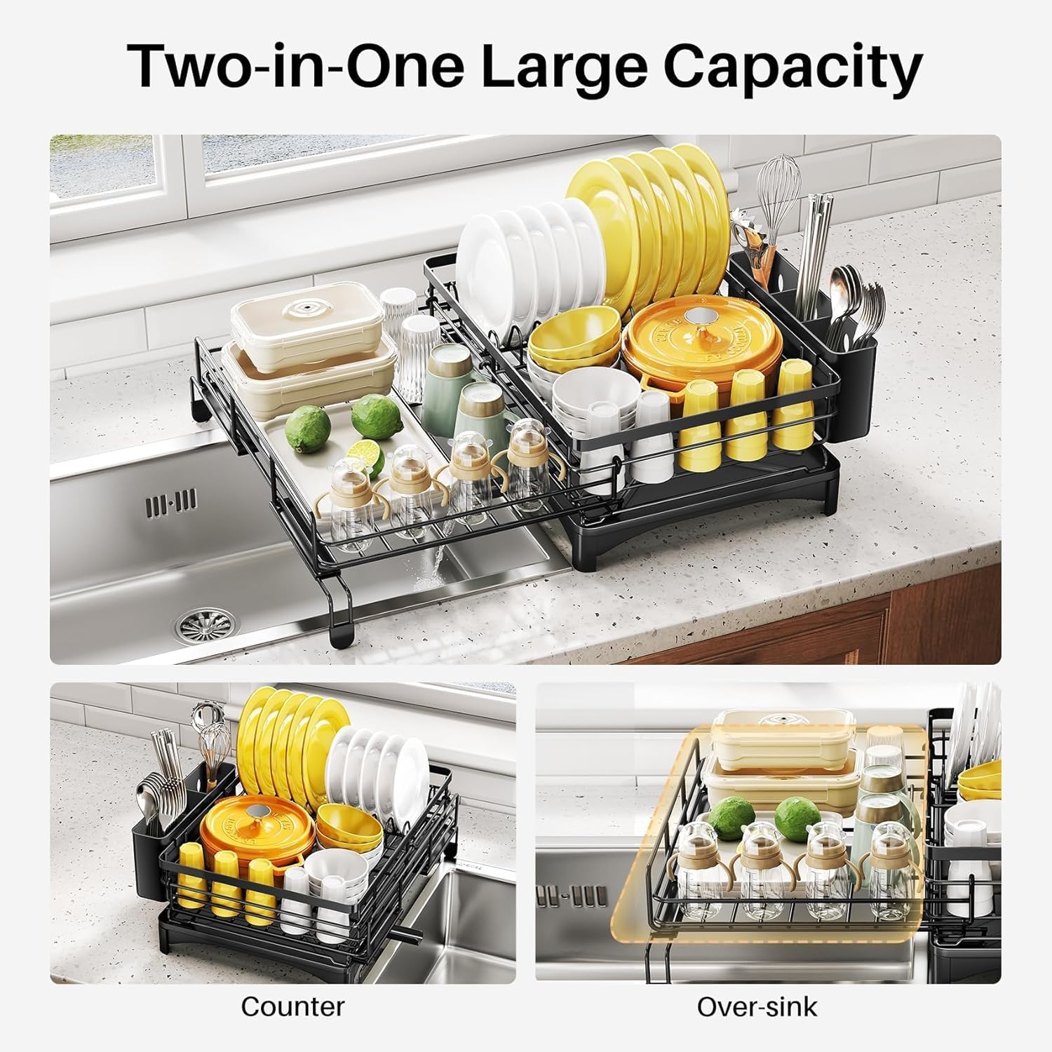 Expandable 1 - Tier Dish Drying Rack with Drainage Spout, Utensil Holder & Drainboard for Kitchen Countertop Organiser - Black - Home & Garden > Kitchenware > Dish Racks - Rivercity House & Home Co. (ABN 18 642 972 209) - Affordable Modern Furniture Australia