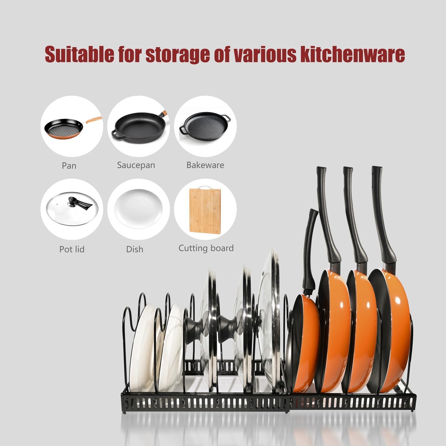 Expandable Pot and Pan Organiser Rack with 10 Adjustable Dividers for Cabinet or Countertop Storage - Black - Home & Garden > Kitchenware > Oven Mitts & Pot Holders - Rivercity House & Home Co. (ABN 18 642 972 209) - Affordable Modern Furniture Australia