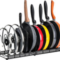 Expandable Pot and Pan Organiser Rack with 10 Adjustable Dividers for Cabinet or Countertop Storage - Black