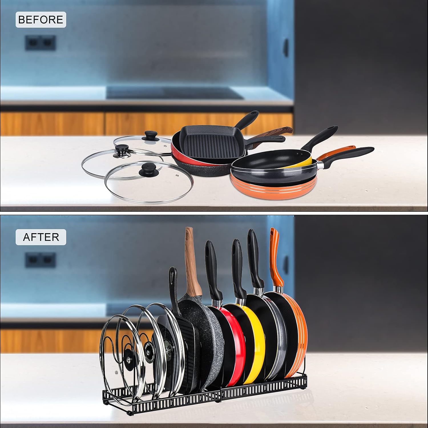 Expandable Pot and Pan Organiser Rack with 10 Adjustable Dividers for Cabinet or Countertop Storage - Black - Home & Garden > Kitchenware > Oven Mitts & Pot Holders - Rivercity House & Home Co. (ABN 18 642 972 209) - Affordable Modern Furniture Australia