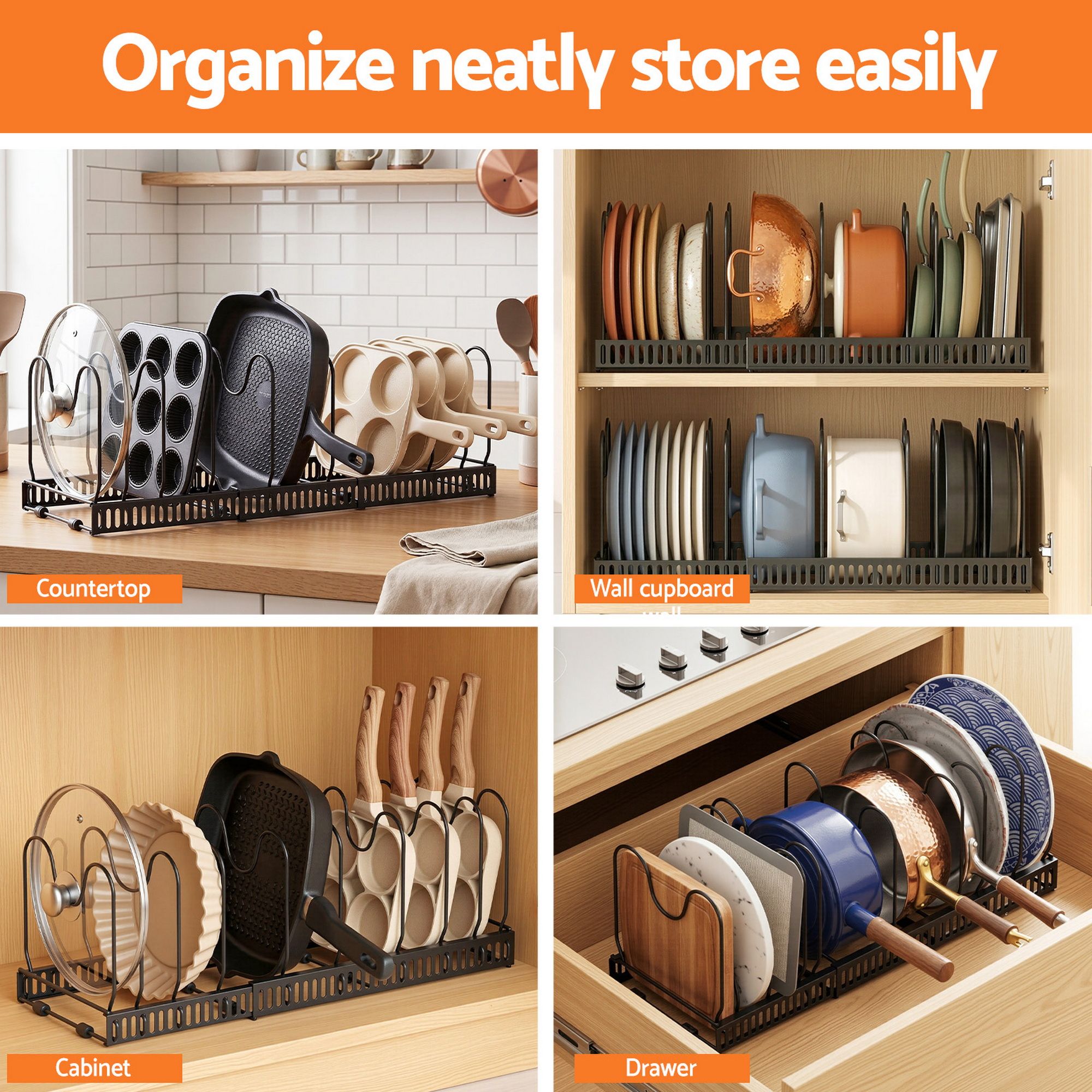 Expandable Pots and Pans Organizer Rack Cookware Holder Kitchen Cabinet Rack - Furniture > Bathroom > Bathroom Cabinets, Cupboards & Storage - Rivercity House & Home Co. (ABN 18 642 972 209) - Affordable Modern Furniture Australia