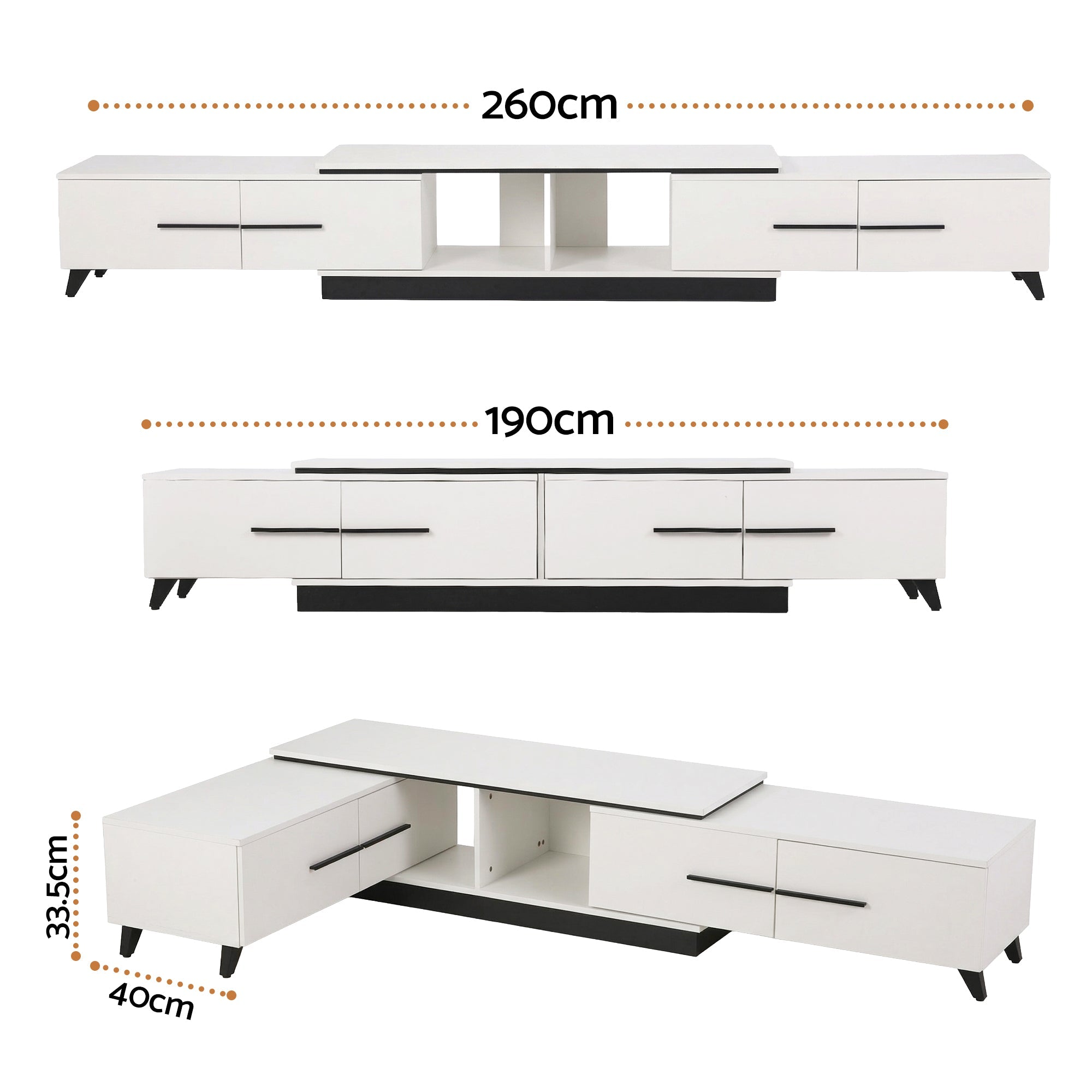 Extendable TV Cabinet Entertainment Unit Stand 190-260cm - White - Furniture > Living Room > TV Units - Rivercity House & Home Co. (ABN 18 642 972 209) - Affordable Modern Furniture Australia