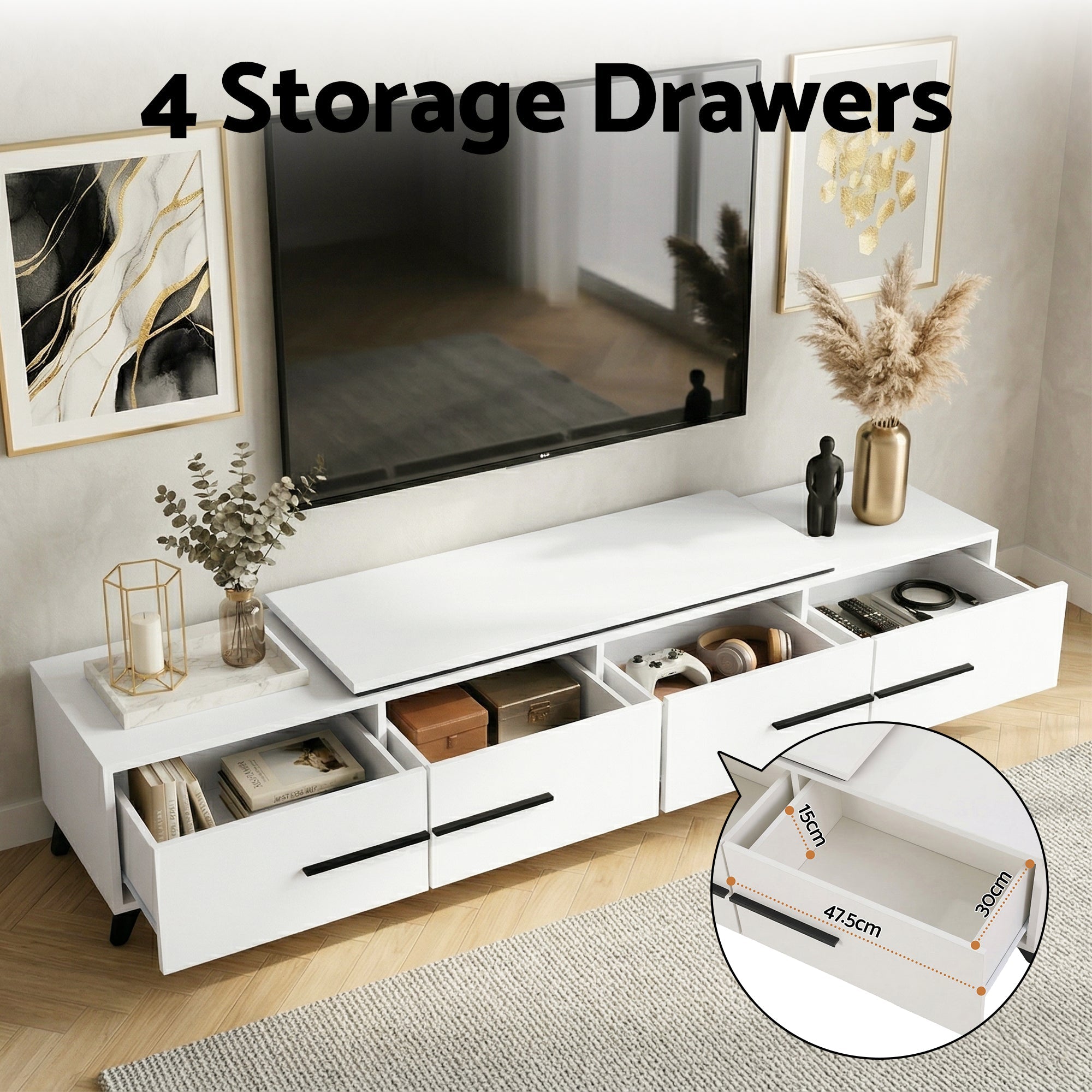 Extendable TV Cabinet Entertainment Unit Stand 190-260cm - White - Furniture > Living Room > TV Units - Rivercity House & Home Co. (ABN 18 642 972 209) - Affordable Modern Furniture Australia