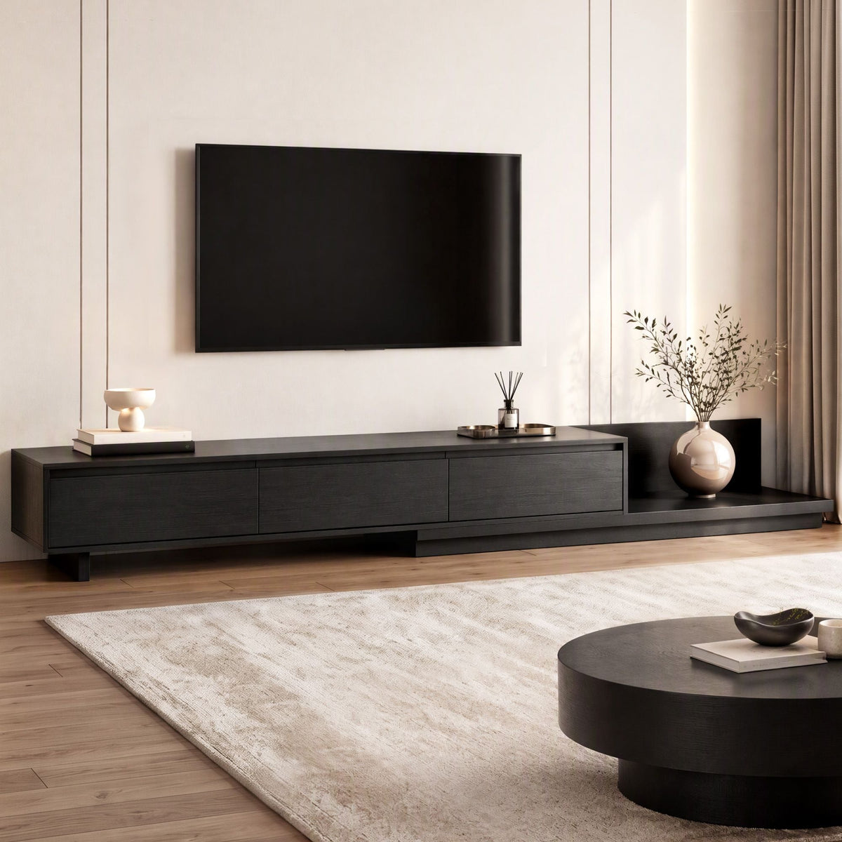 Extendable TV Unit 200-380CM with 3 Storage Drawers for TVs up to 85" - Dark Walnut & Black - Furniture > Living Room > TV Units - Rivercity House & Home Co. (ABN 18 642 972 209) - Affordable Modern Furniture Australia