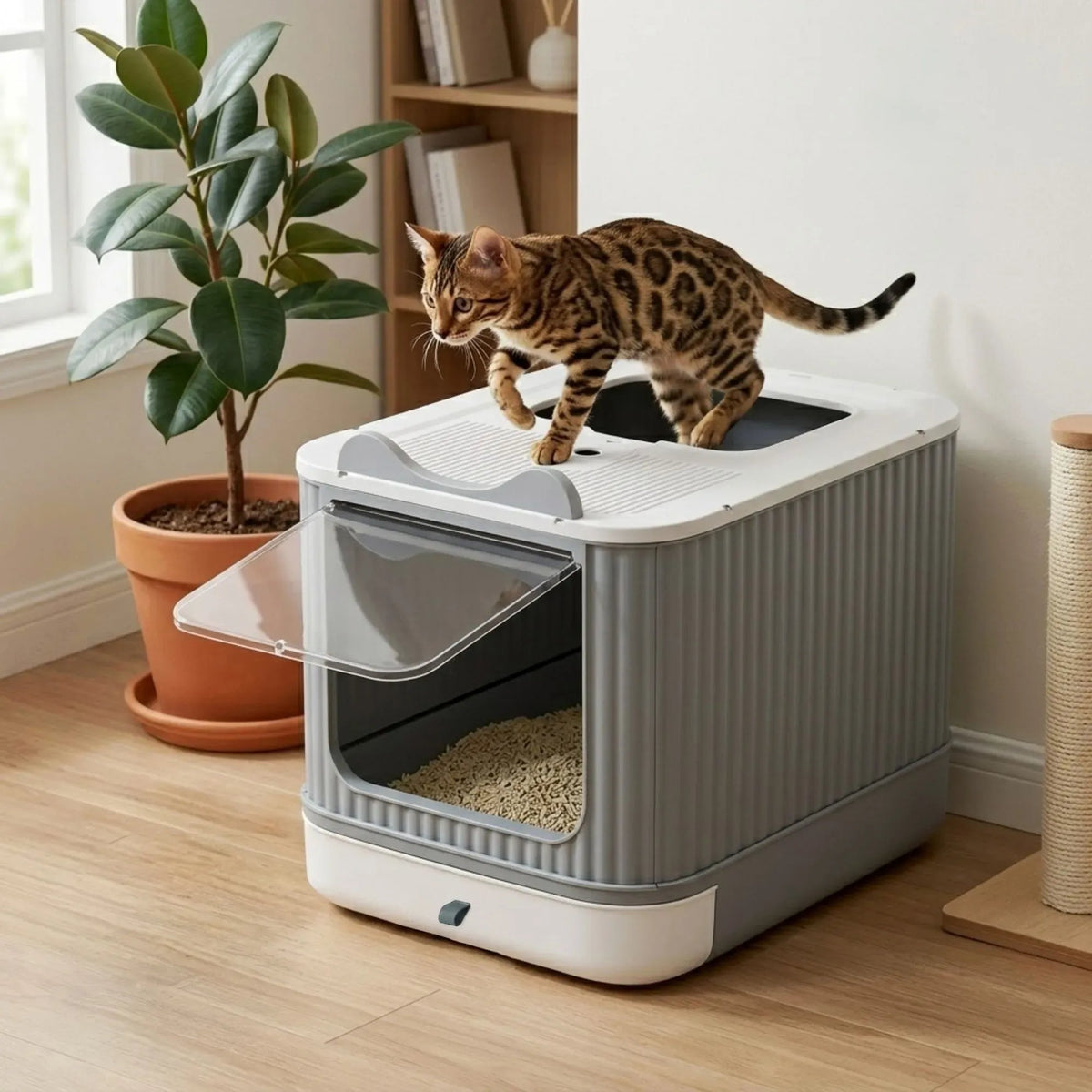 Extra Large Enclosed Cat Litter Box with Scoop Drawer and Dual Entry - Grey - Pet Care > Cat Supplies > Cat Furniture - Rivercity House & Home Co. (ABN 18 642 972 209) - Affordable Modern Furniture Australia