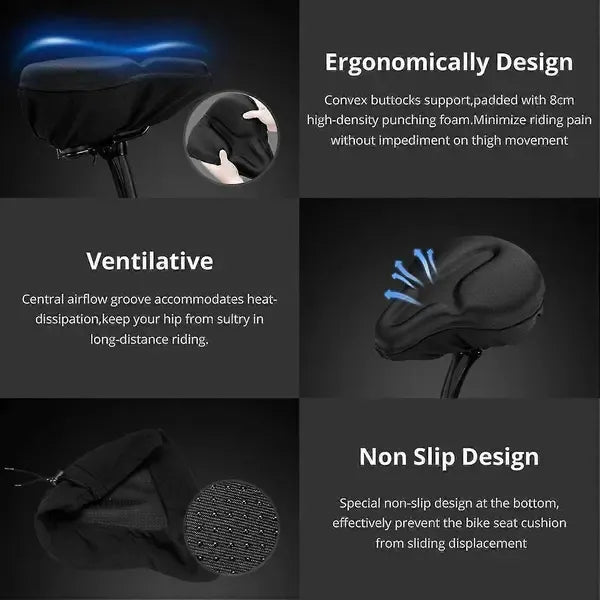 Extra-Wide Gel Padded Bicycle Seat Cushion with Silicone Foam and Shock Absorption for Cruiser, Exercise & Road Bikes - Black - Sports & Fitness > Bikes & Accessories > Bicycle Parts - Rivercity House & Home Co. (ABN 18 642 972 209) - Affordable Modern Furniture Australia