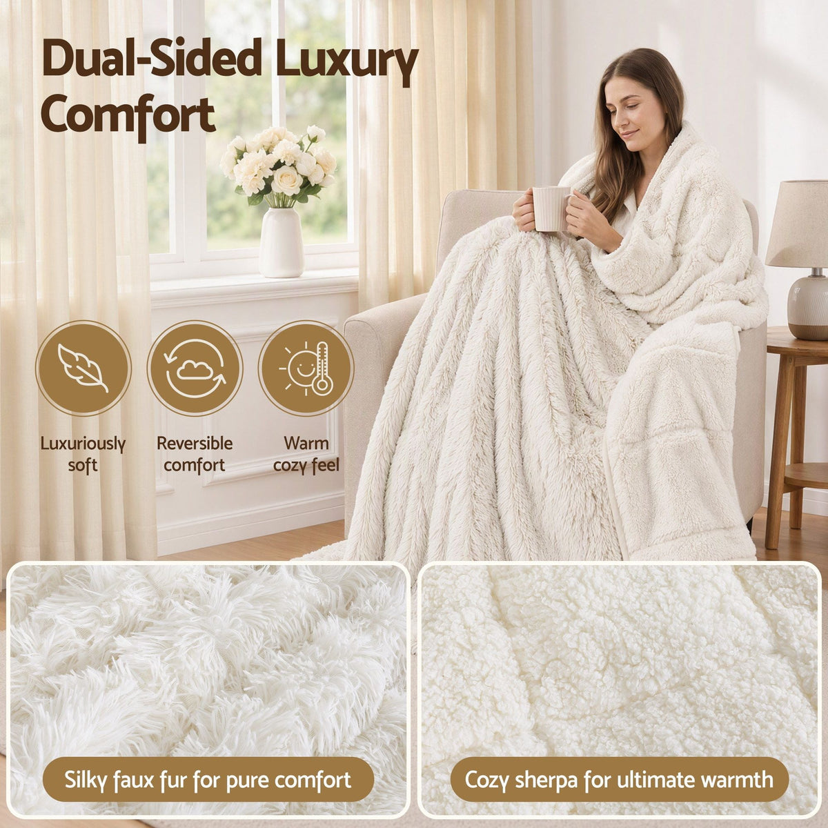 Faux Fur Weighted Blanket 2 Sided Long Pile Sherpa Reverse Cream 11KG 152 x 203cm - Home & Garden > Bedding > Blankets & Throws - Rivercity House & Home Co. (ABN 18 642 972 209) - Affordable Modern Furniture Australia