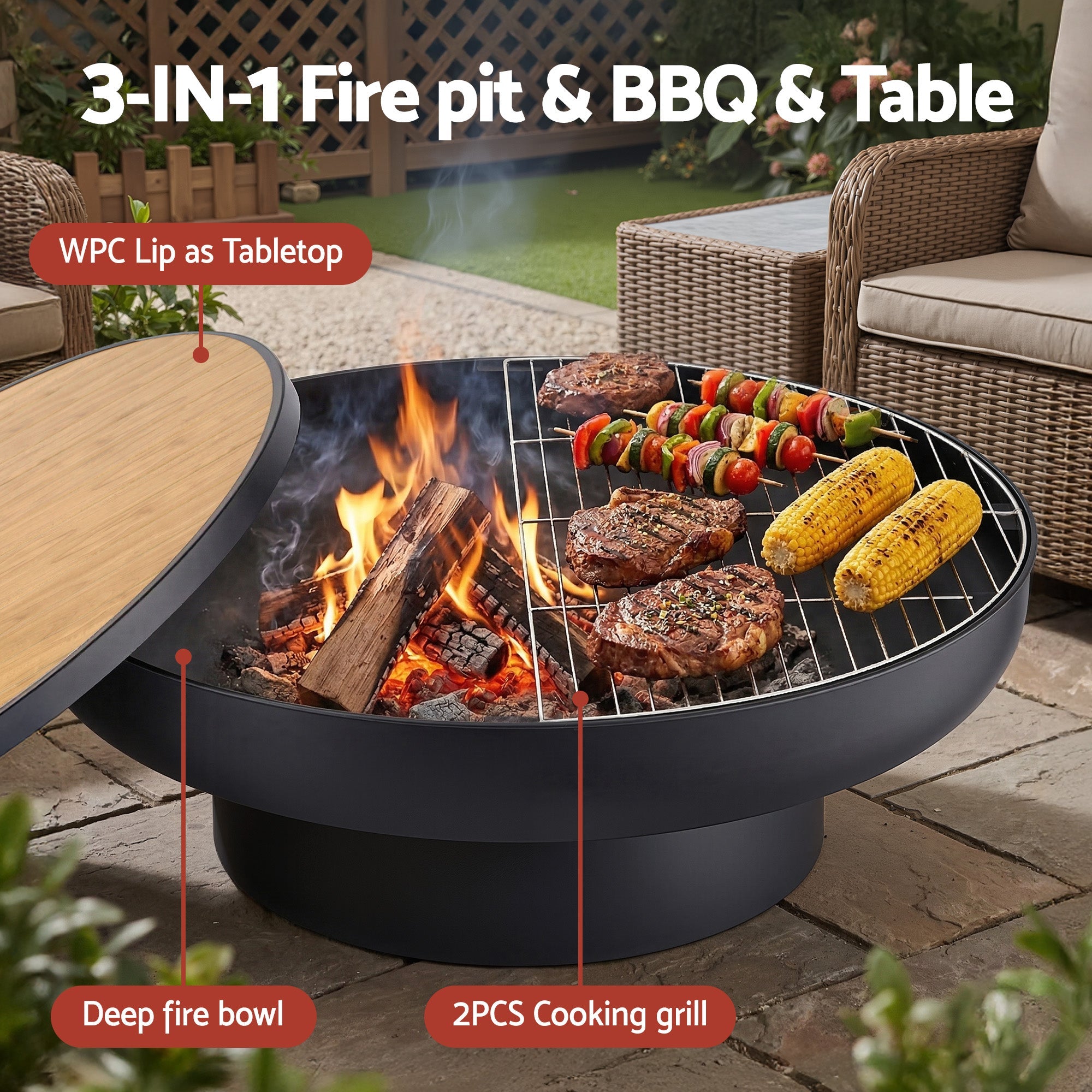 Fire Pit Table with Lid Deep Fire Bowl Wood Burning BBQ Grill for Backyard Camping Patio Picnic - Home & Garden > Firepits > Fire Pits - Rivercity House & Home Co. (ABN 18 642 972 209) - Affordable Modern Furniture Australia