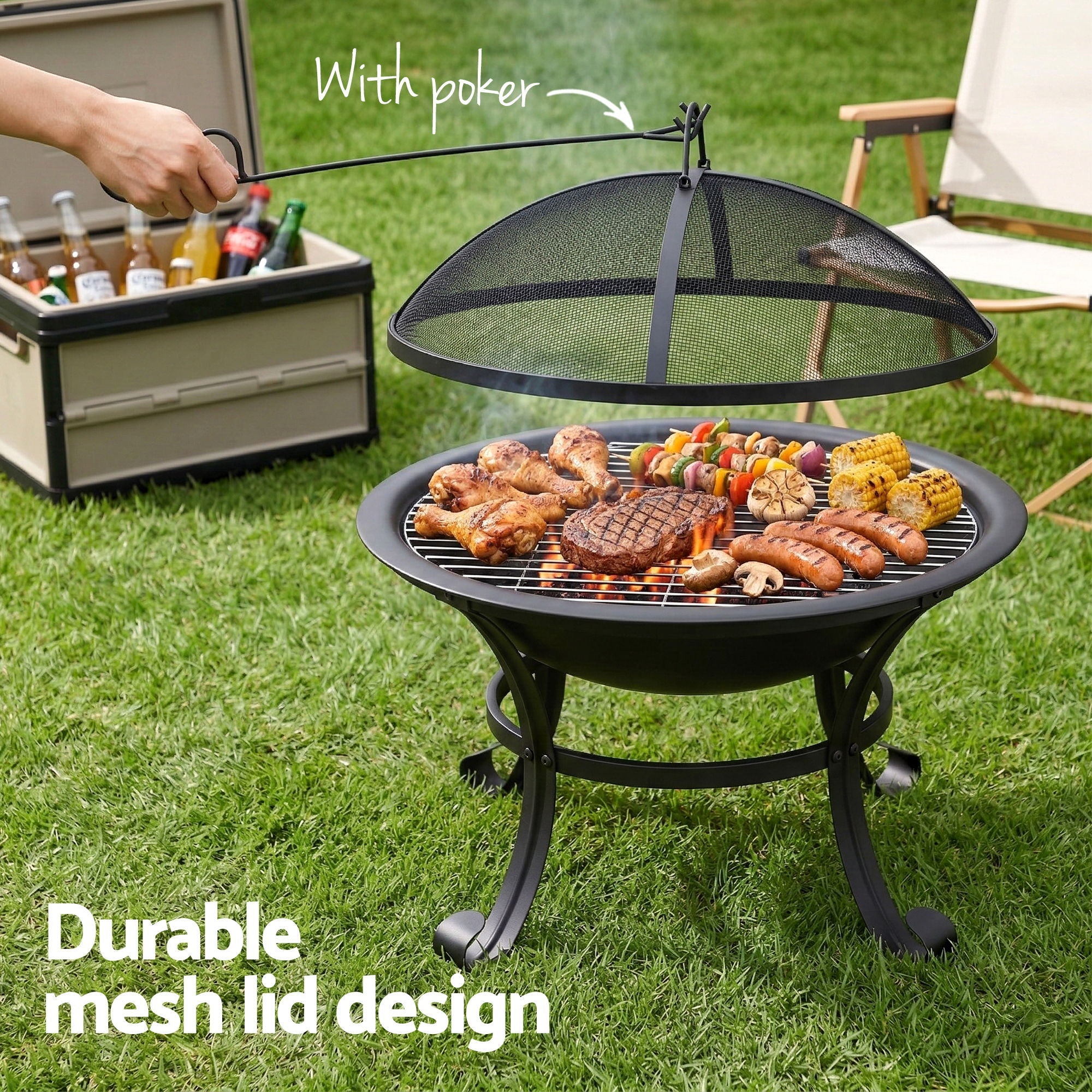 Fire Pit with Mesh Lid and Fire Picker BBQ Grill Wood Burning Outdoor Camping - Home & Garden > Firepits > Fire Pits - Rivercity House & Home Co. (ABN 18 642 972 209) - Affordable Modern Furniture Australia