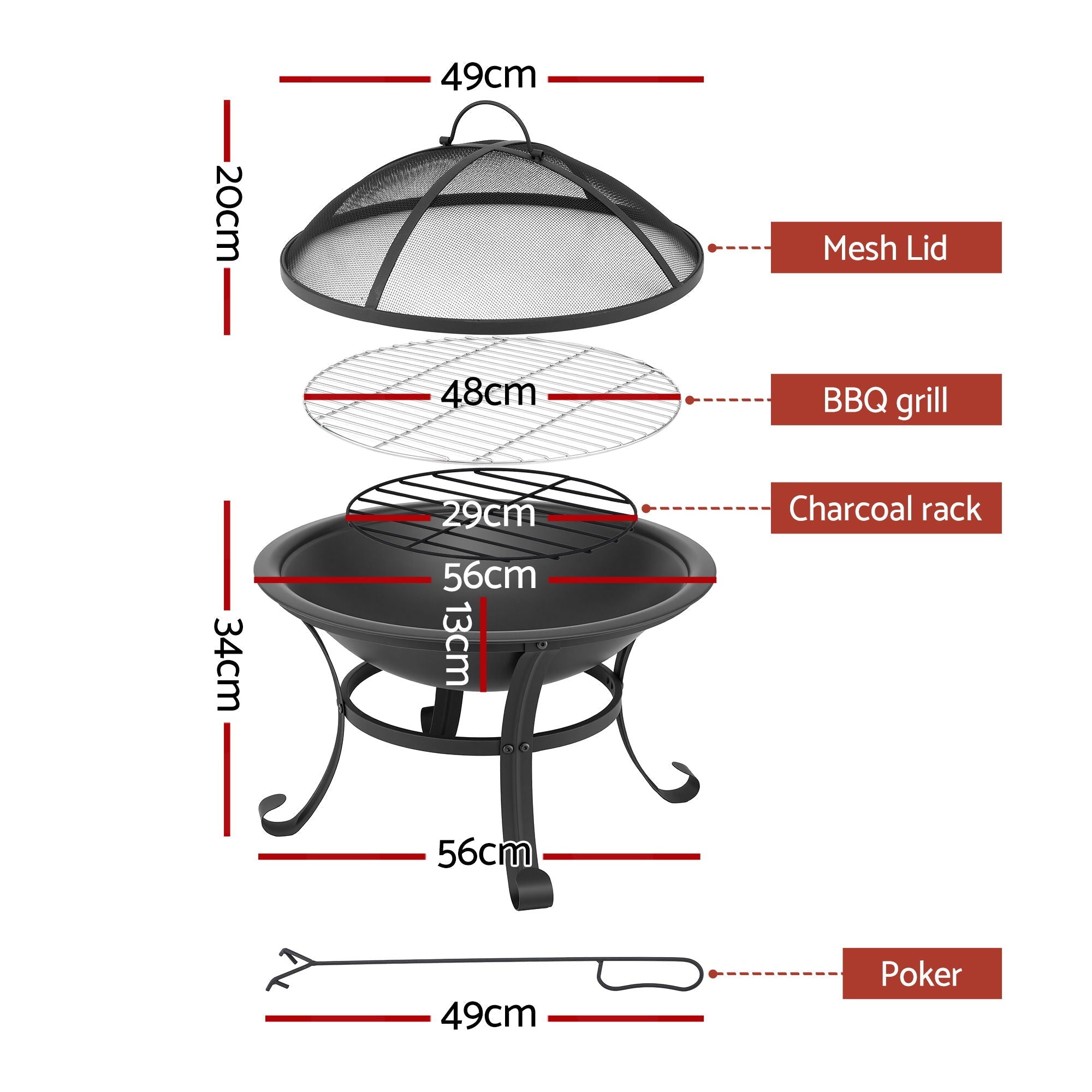 Fire Pit with Mesh Lid and Fire Picker BBQ Grill Wood Burning Outdoor Camping - Home & Garden > Firepits > Fire Pits - Rivercity House & Home Co. (ABN 18 642 972 209) - Affordable Modern Furniture Australia