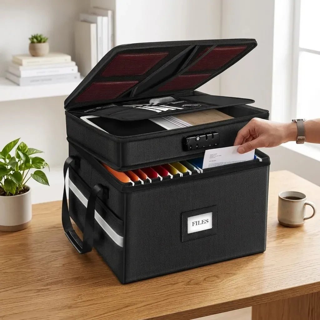 Fireproof Document Box with Lock and Hanging File Storage - Black Fabric - Home & Garden > Home Office Accessories > Desk Accessories - Rivercity House & Home Co. (ABN 18 642 972 209) - Affordable Modern Furniture Australia