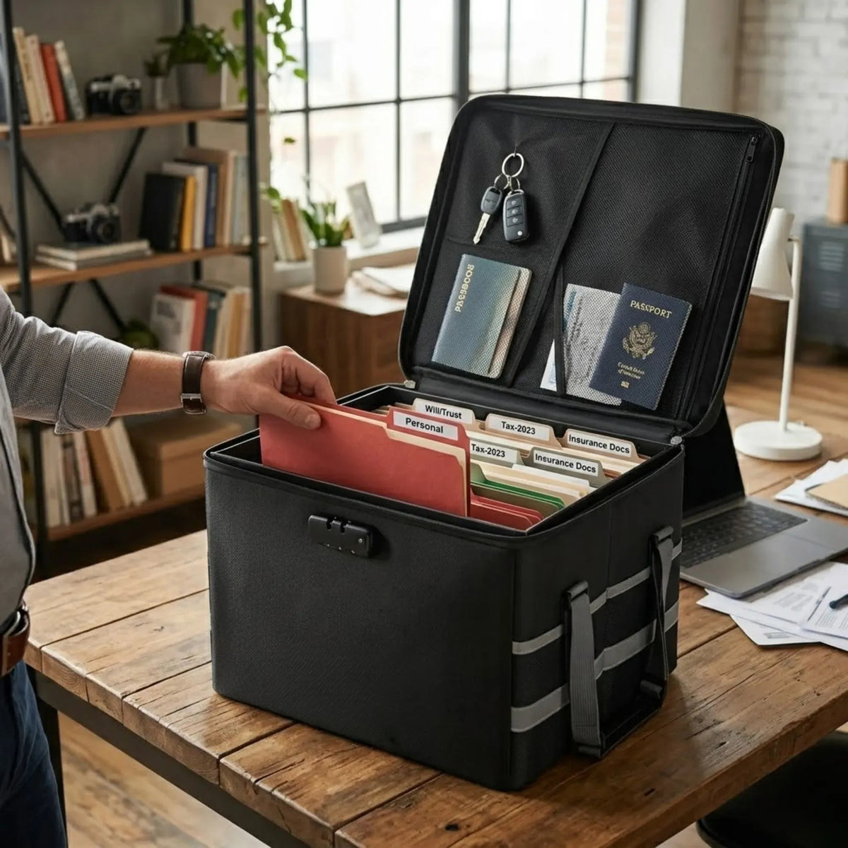 Fireproof Document Box with Lock, Collapsible, Glass Fiber, Reflective Strip - Black - Home & Garden > Home Office Accessories > Desk Accessories - Rivercity House & Home Co. (ABN 18 642 972 209) - Affordable Modern Furniture Australia