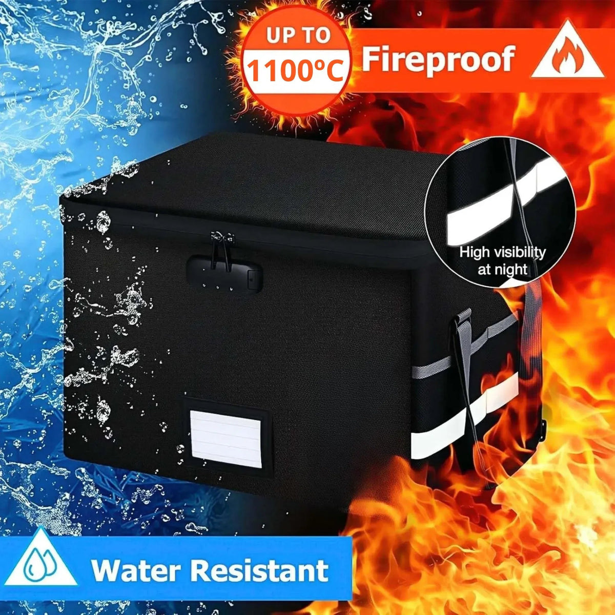 Fireproof Document Box with Lock, Collapsible, Glass Fiber, Reflective Strip - Black - Home & Garden > Home Office Accessories > Desk Accessories - Rivercity House & Home Co. (ABN 18 642 972 209) - Affordable Modern Furniture Australia