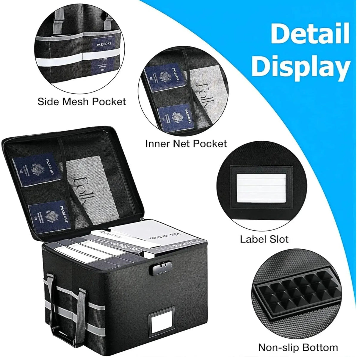 Fireproof Document Box with Lock, Collapsible, Glass Fiber, Reflective Strip - Black - Home & Garden > Home Office Accessories > Desk Accessories - Rivercity House & Home Co. (ABN 18 642 972 209) - Affordable Modern Furniture Australia