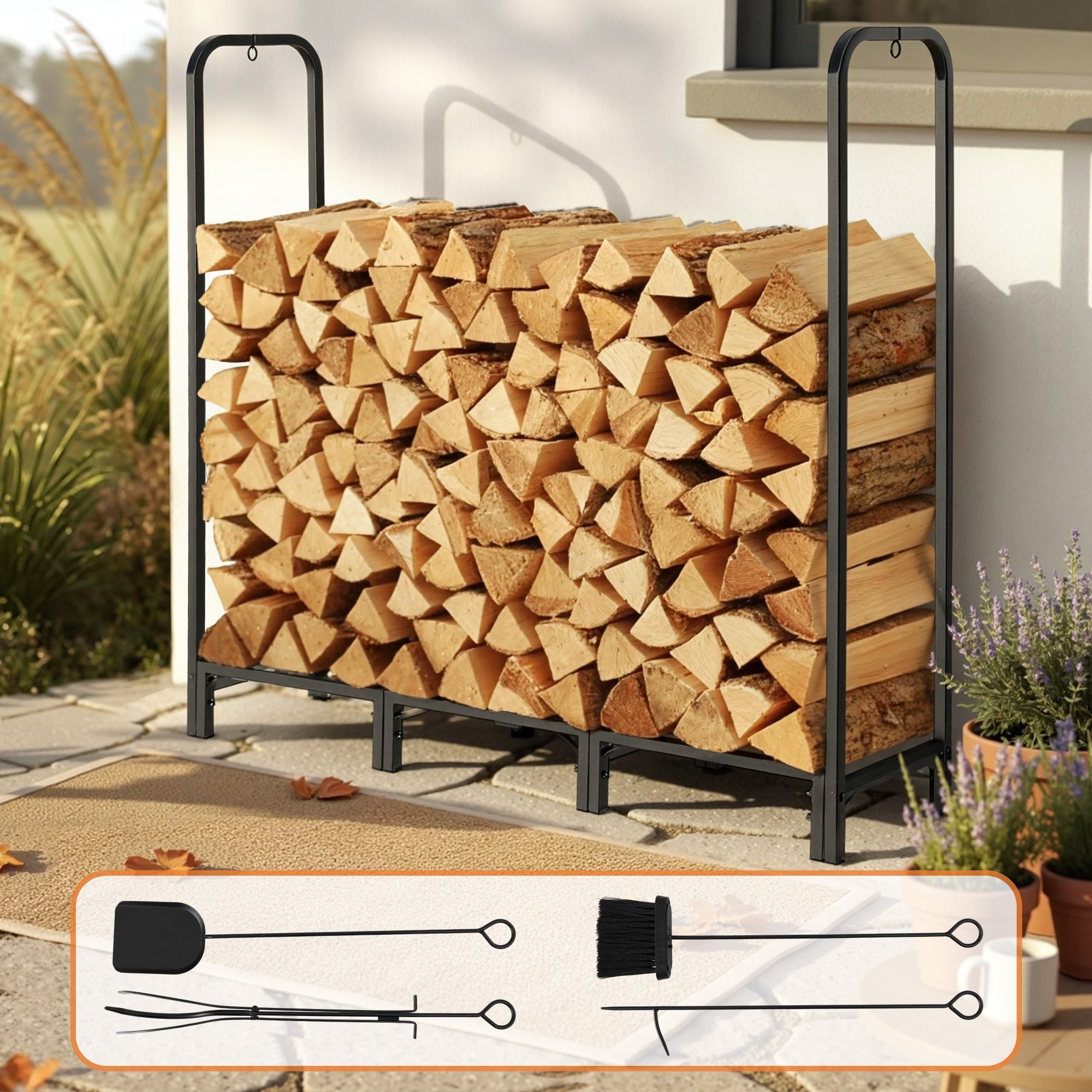 Firewood Rack 120cm Wood Rack 3 Sizes Firewood Storage with Tools Black - Home & Garden > Garden Tools > Gardening Accessories - Rivercity House & Home Co. (ABN 18 642 972 209) - Affordable Modern Furniture Australia
