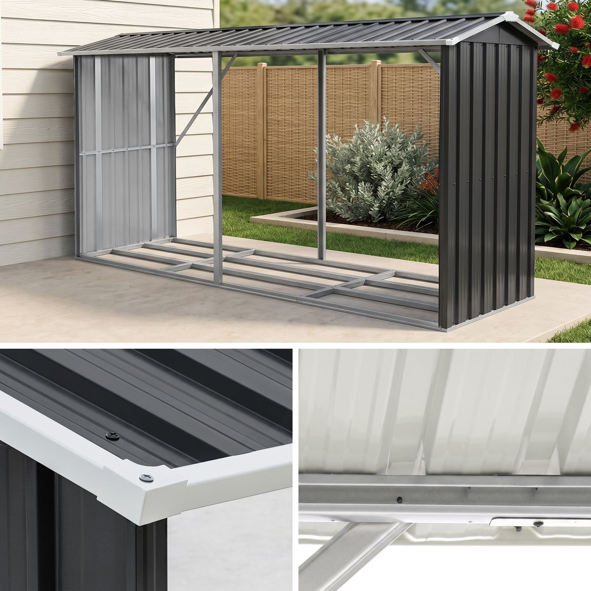 Firewood Storage Shed 334.5cm x 92cm Outdoor Log Rack Galvanised Steel - Grey - Home & Garden > Storage > Sheds - Rivercity House & Home Co. (ABN 18 642 972 209) - Affordable Modern Furniture Australia