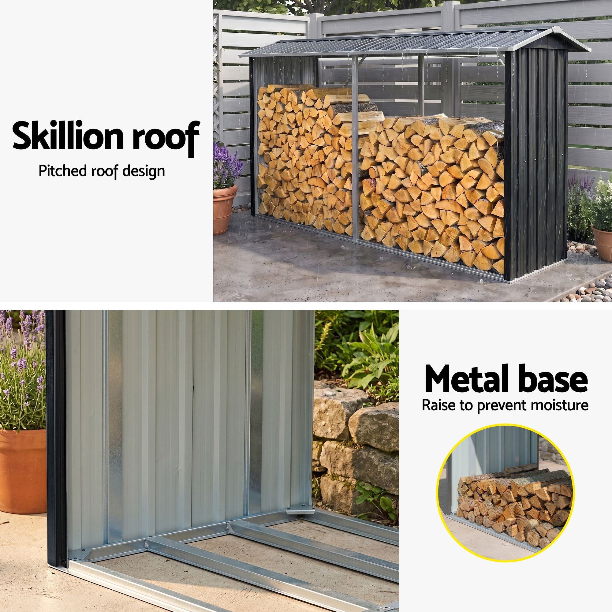 Firewood Storage Shed 334.5cm x 92cm Outdoor Log Rack Galvanised Steel - Grey - Home & Garden > Storage > Sheds - Rivercity House & Home Co. (ABN 18 642 972 209) - Affordable Modern Furniture Australia