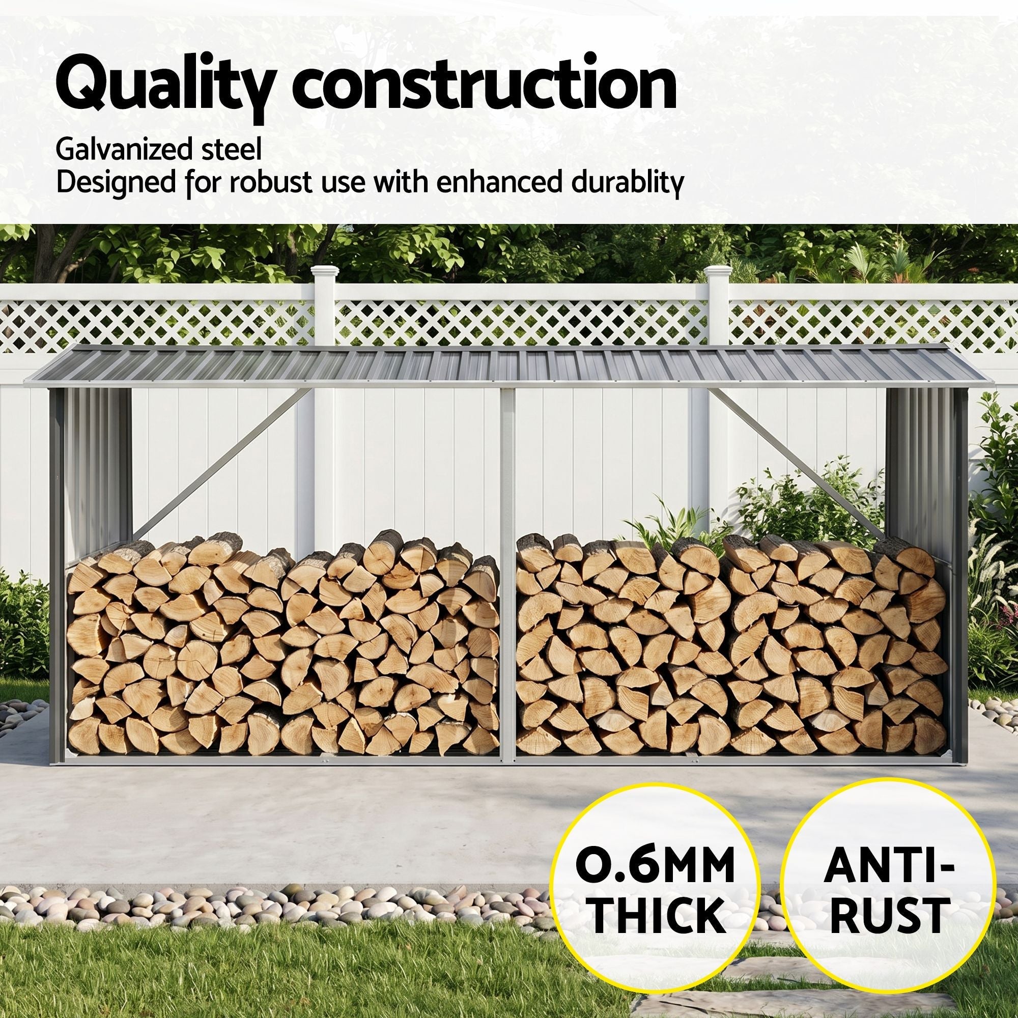 Firewood Storage Shed 334.5cm x 92cm Outdoor Log Rack Galvanised Steel - Grey - Home & Garden > Storage > Sheds - Rivercity House & Home Co. (ABN 18 642 972 209) - Affordable Modern Furniture Australia