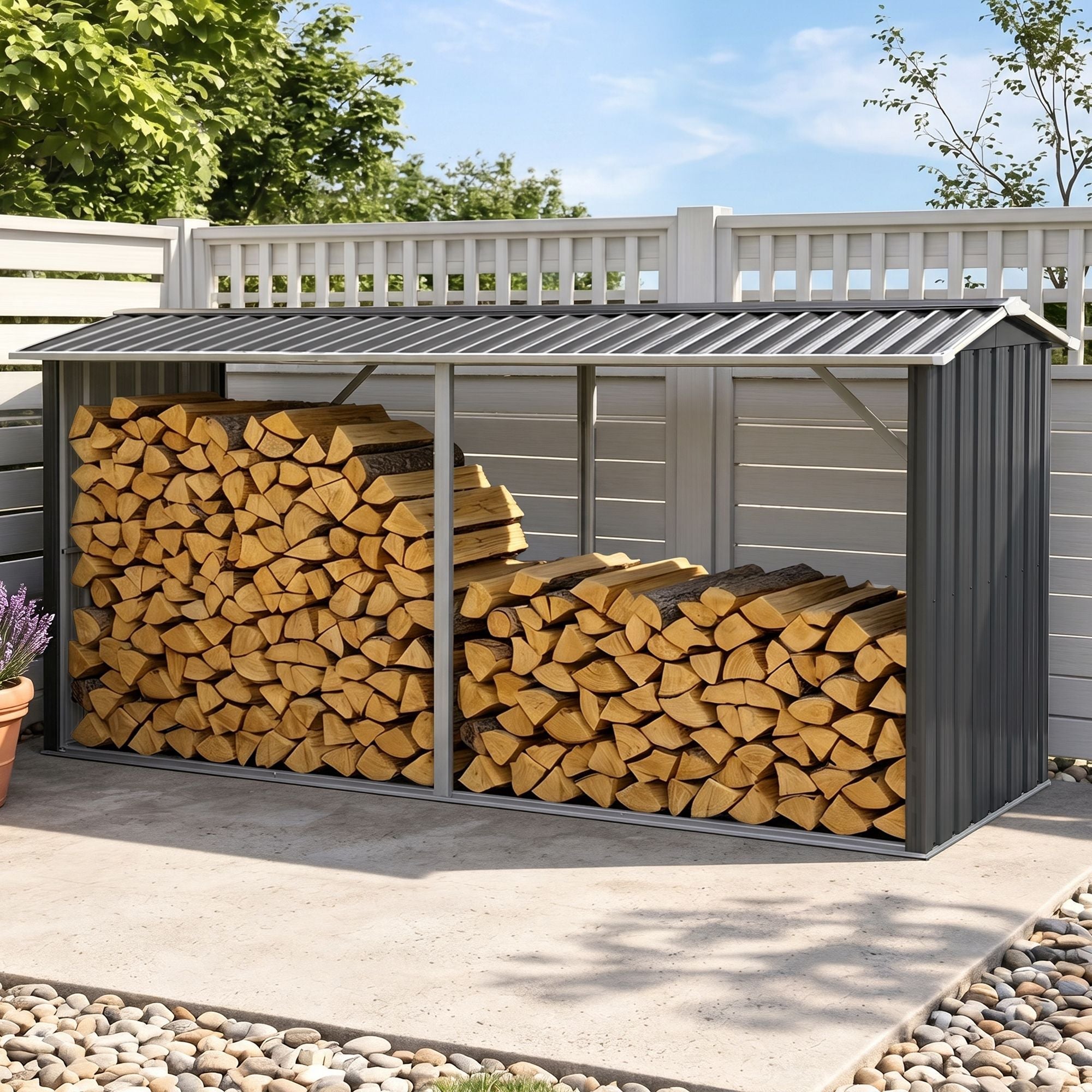 Firewood Storage Shed 334.5cm x 92cm Outdoor Log Rack Galvanised Steel - Grey - Home & Garden > Storage > Sheds - Rivercity House & Home Co. (ABN 18 642 972 209) - Affordable Modern Furniture Australia