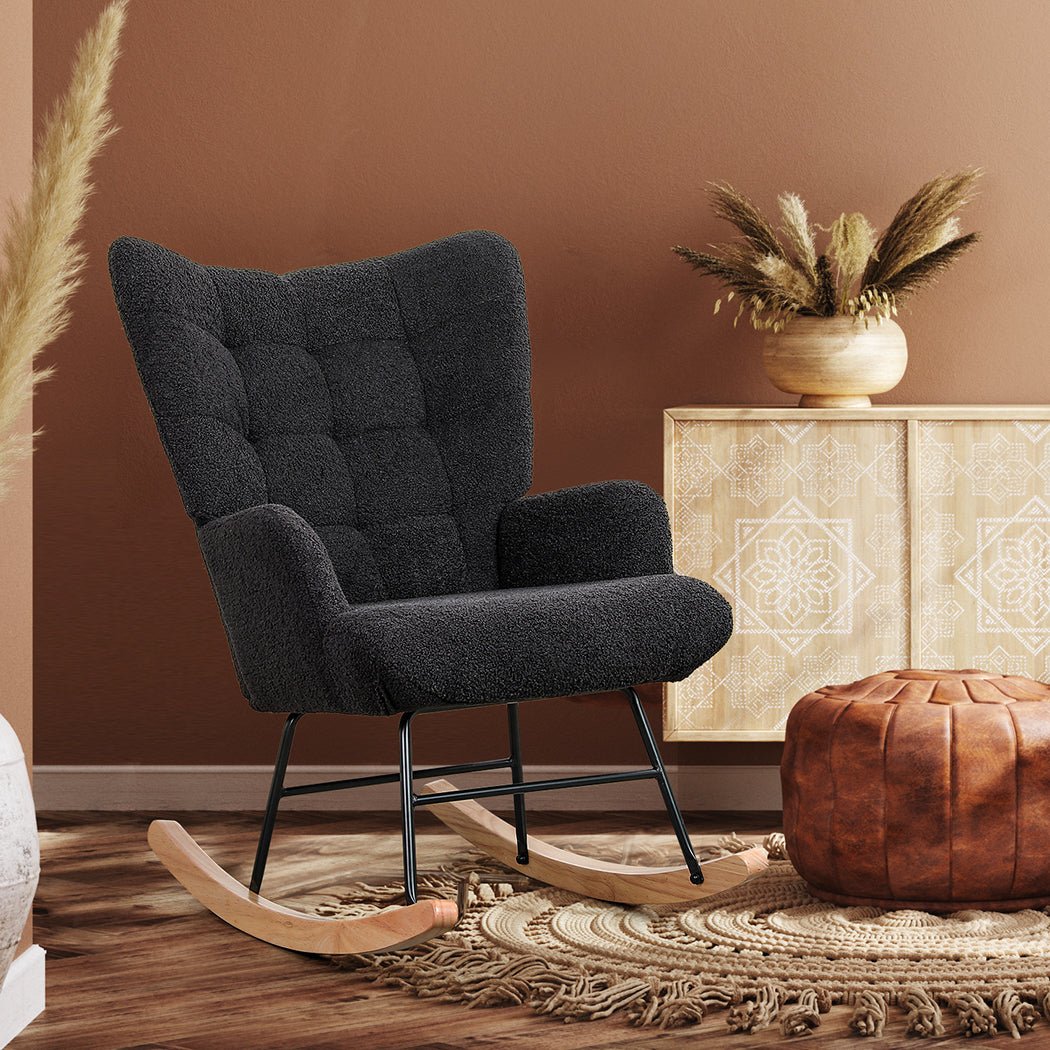 Fleece Rocking Chair with Solid Wood Rockers - Grey - Rivercity House & Home Co. (ABN 18 642 972 209) - Affordable Modern Furniture Australia