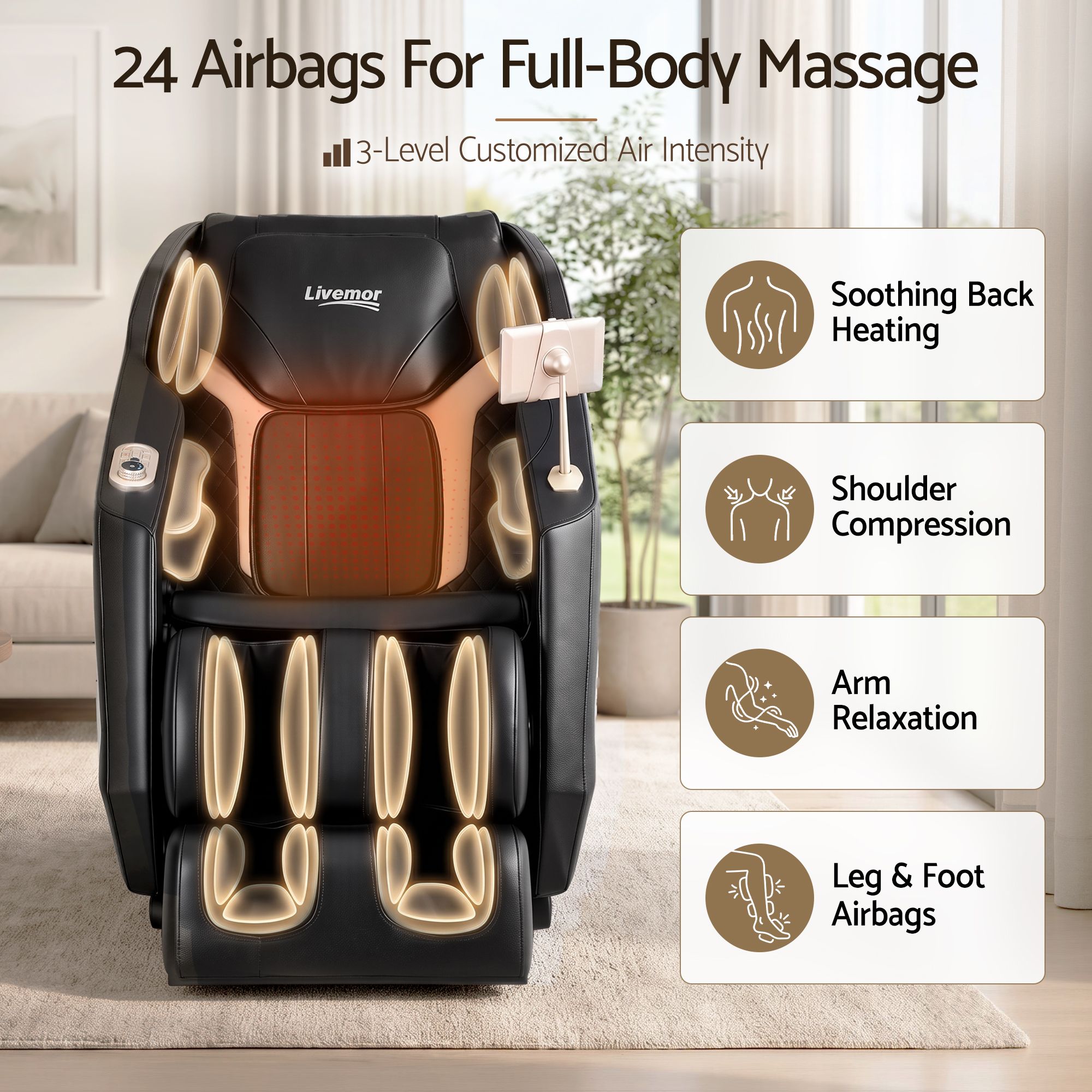 Flex Massage Chair Full Body Zero Gravity Recliner with Heat, 24 Airbags, Foot Massage, 6 Auto Programs, Voice Control, Bluetooth Speakers, Screen Control, Extendable Footrest - Black - Furniture > Bar Stools & Chairs > Massage Chairs - Rivercity House & Home Co. (ABN 18 642 972 209) - Affordable Modern Furniture Australia