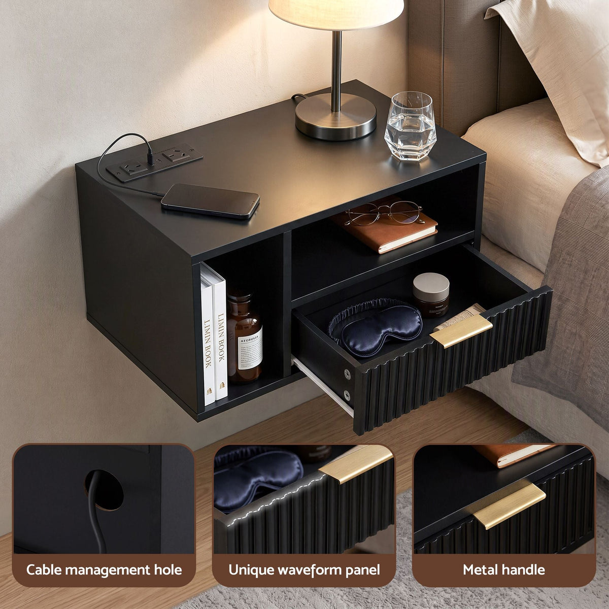 Floating Bedside Table with Charging Station and 1 Drawer - Black - Furniture > Bedroom > Bedside Tables - Rivercity House & Home Co. (ABN 18 642 972 209) - Affordable Modern Furniture Australia